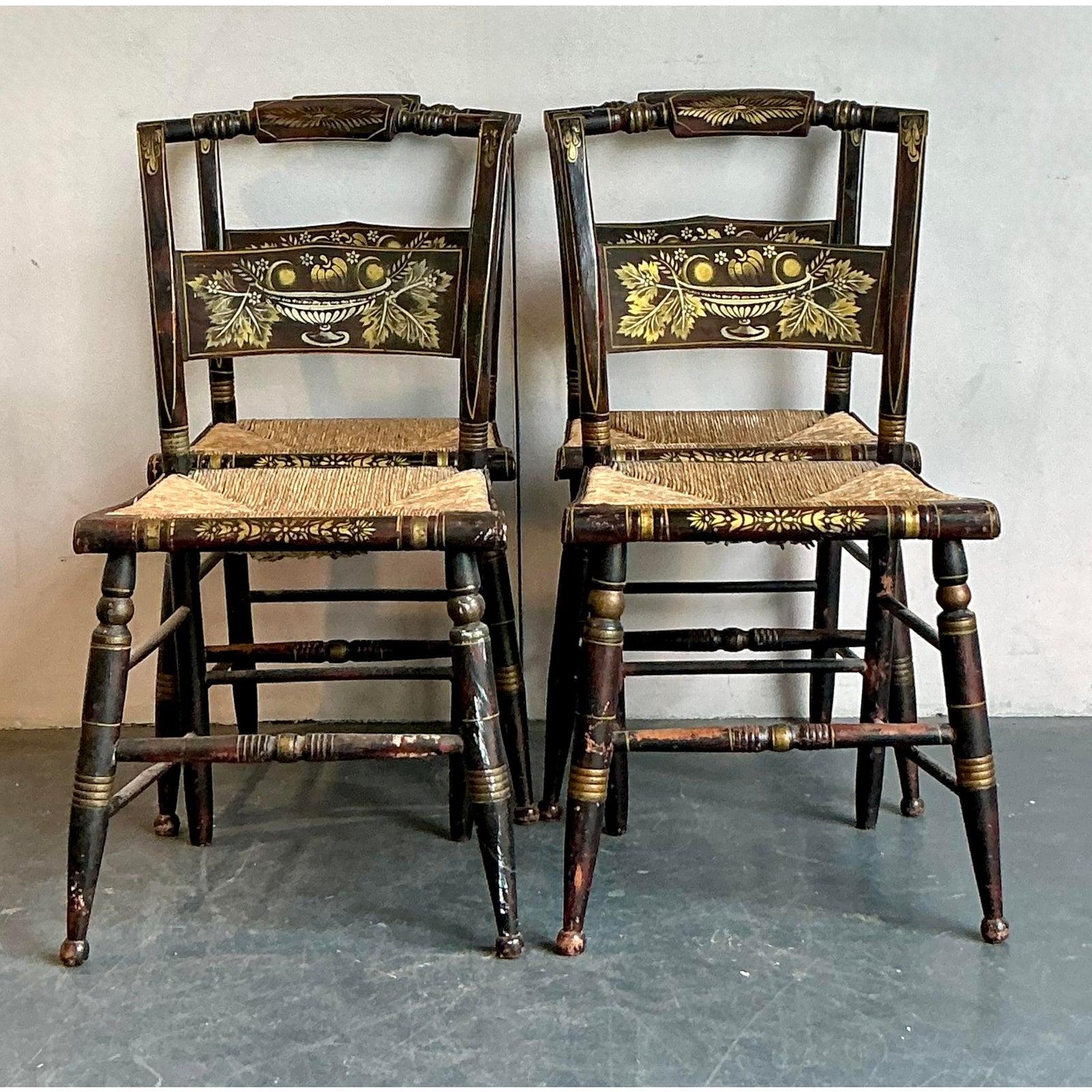 American Vintage Boho Hand Painted Hitchcock Chairs - Set of Four For Sale