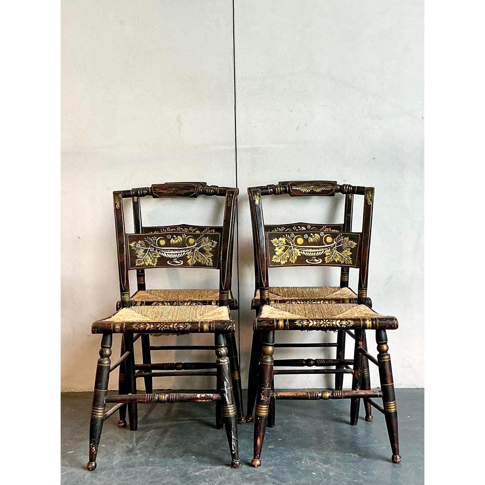 Vintage Boho Hand Painted Hitchcock Chairs - Set of Four In Good Condition For Sale In West Palm Beach, FL