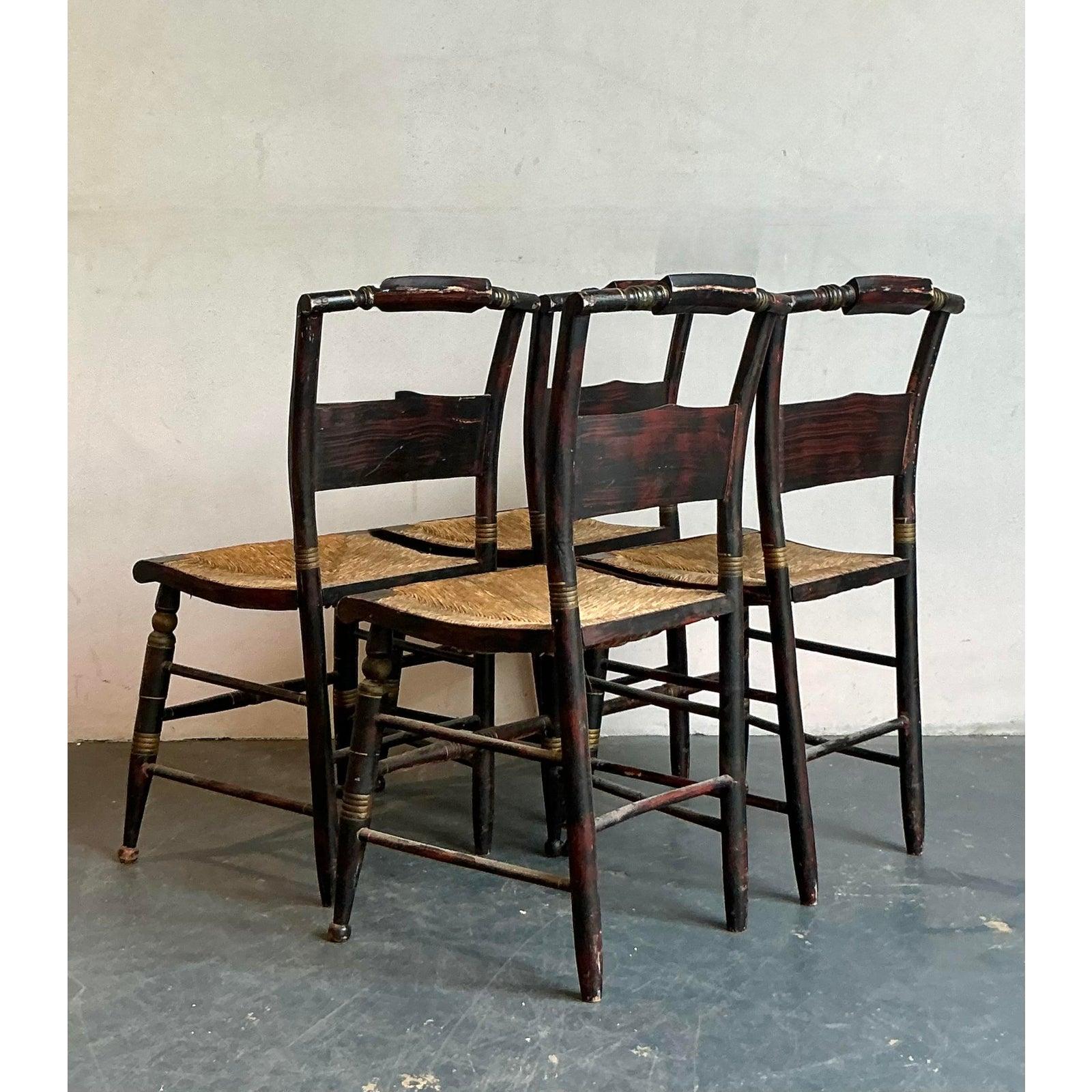 Rush Vintage Boho Hand Painted Hitchcock Chairs - Set of Four For Sale