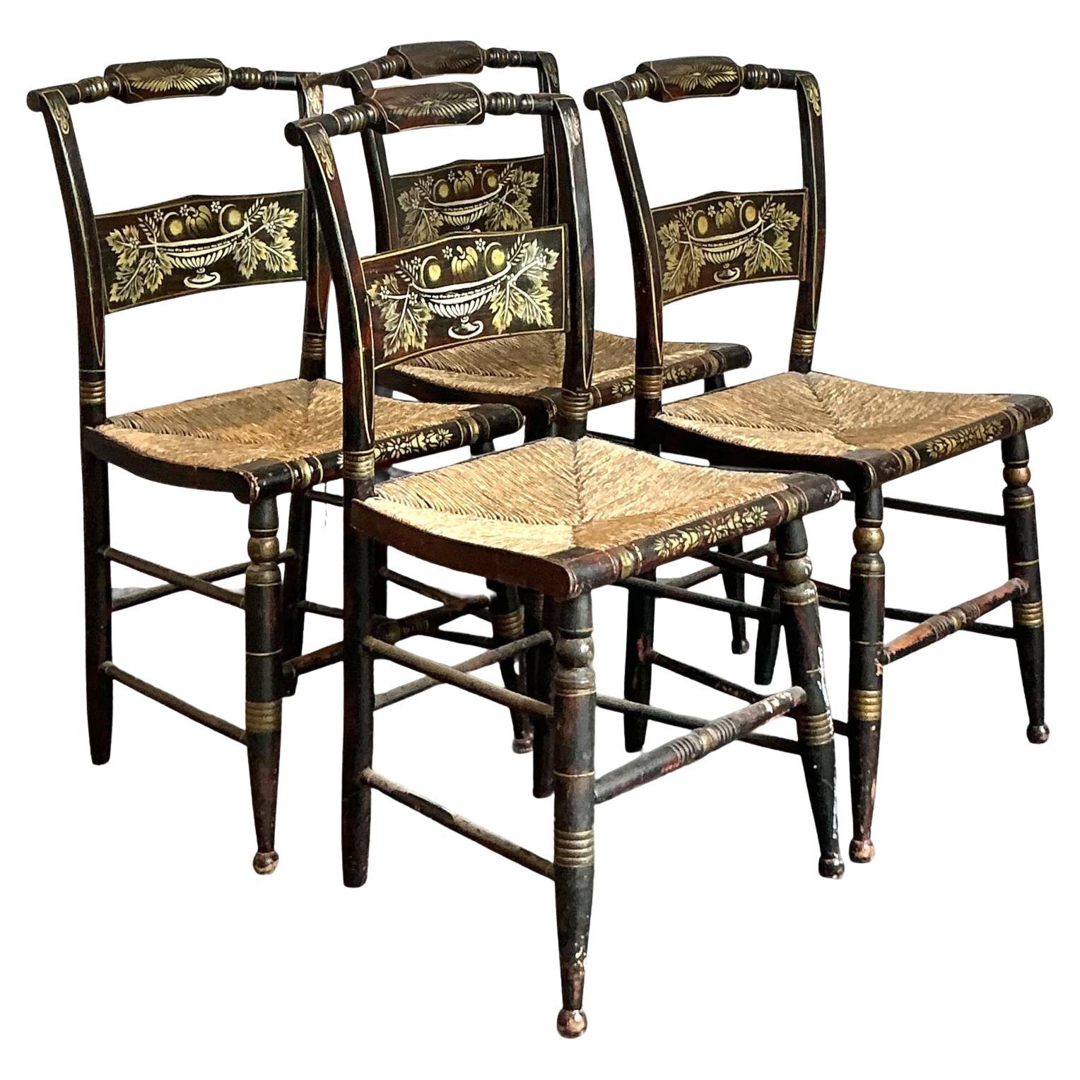 Vintage Boho Hand Painted Hitchcock Chairs - Set of Four For Sale