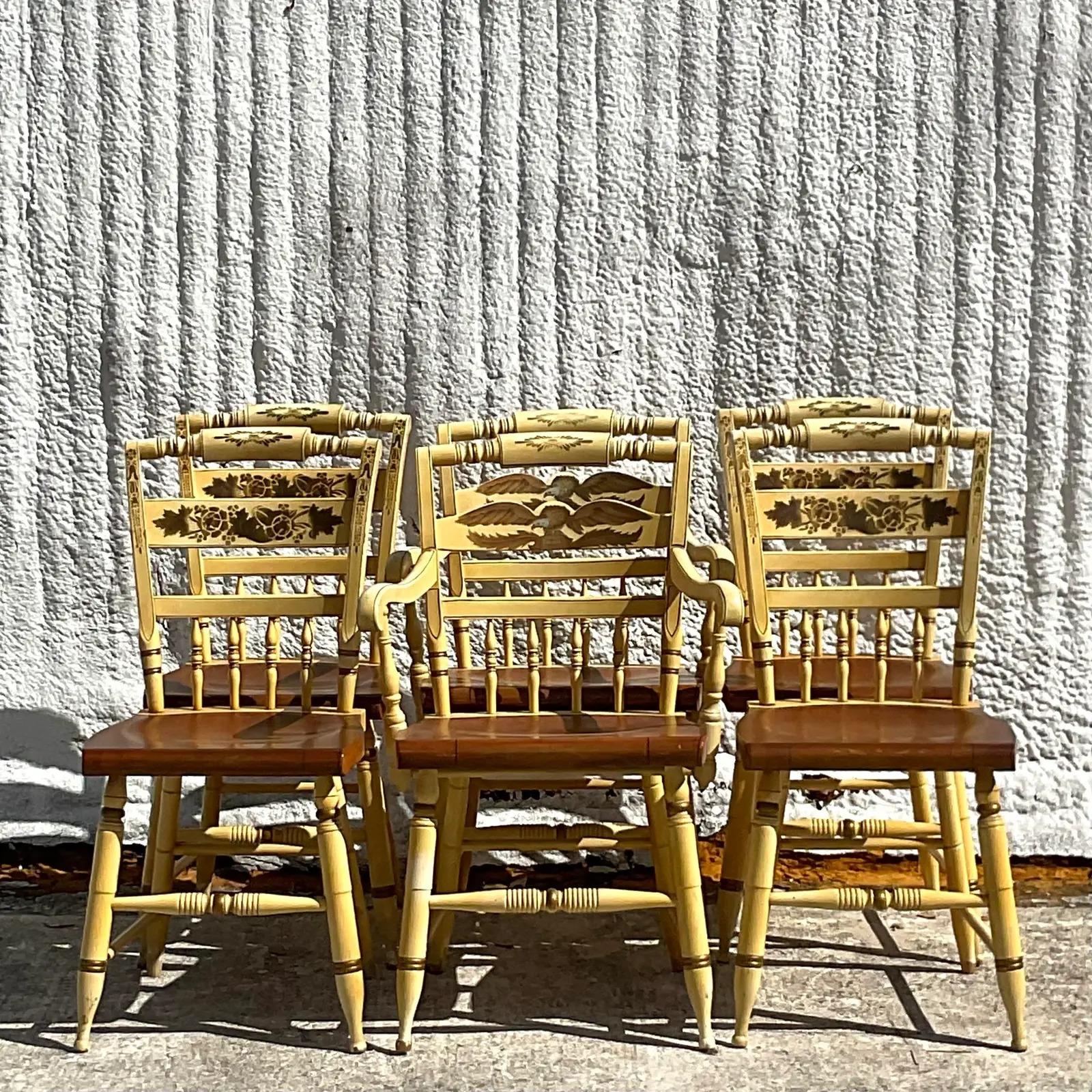 North American Vintage Boho Hand Painted Hitchcock Dining Chairs - Set of Six