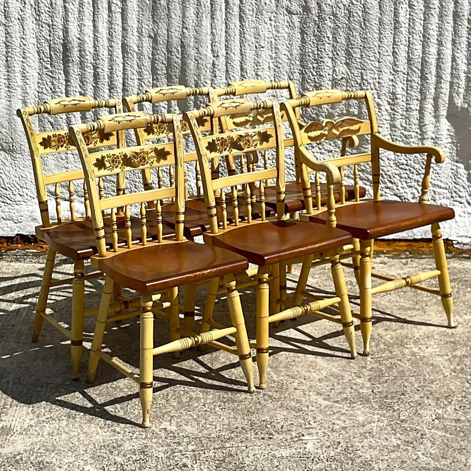 20th Century Vintage Boho Hand Painted Hitchcock Dining Chairs - Set of Six