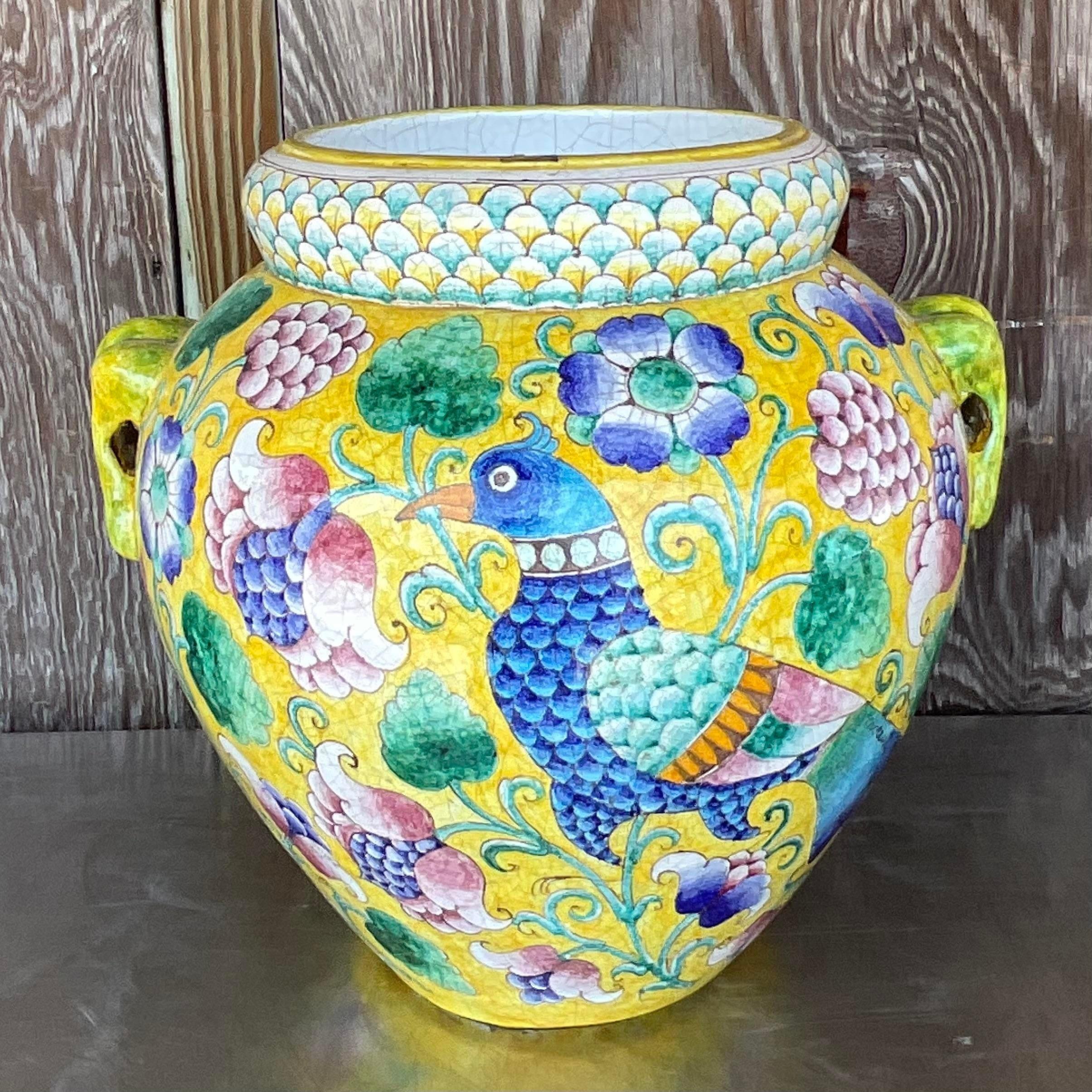 20th Century Vintage Boho Hand Painted Italian Urn