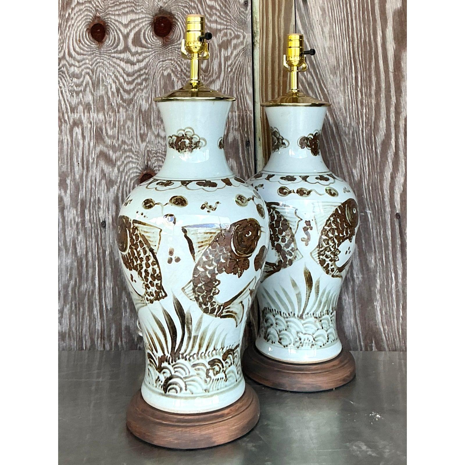 Chinoiserie Vintage Boho Hand Painted Koi Lamps - A Pair For Sale