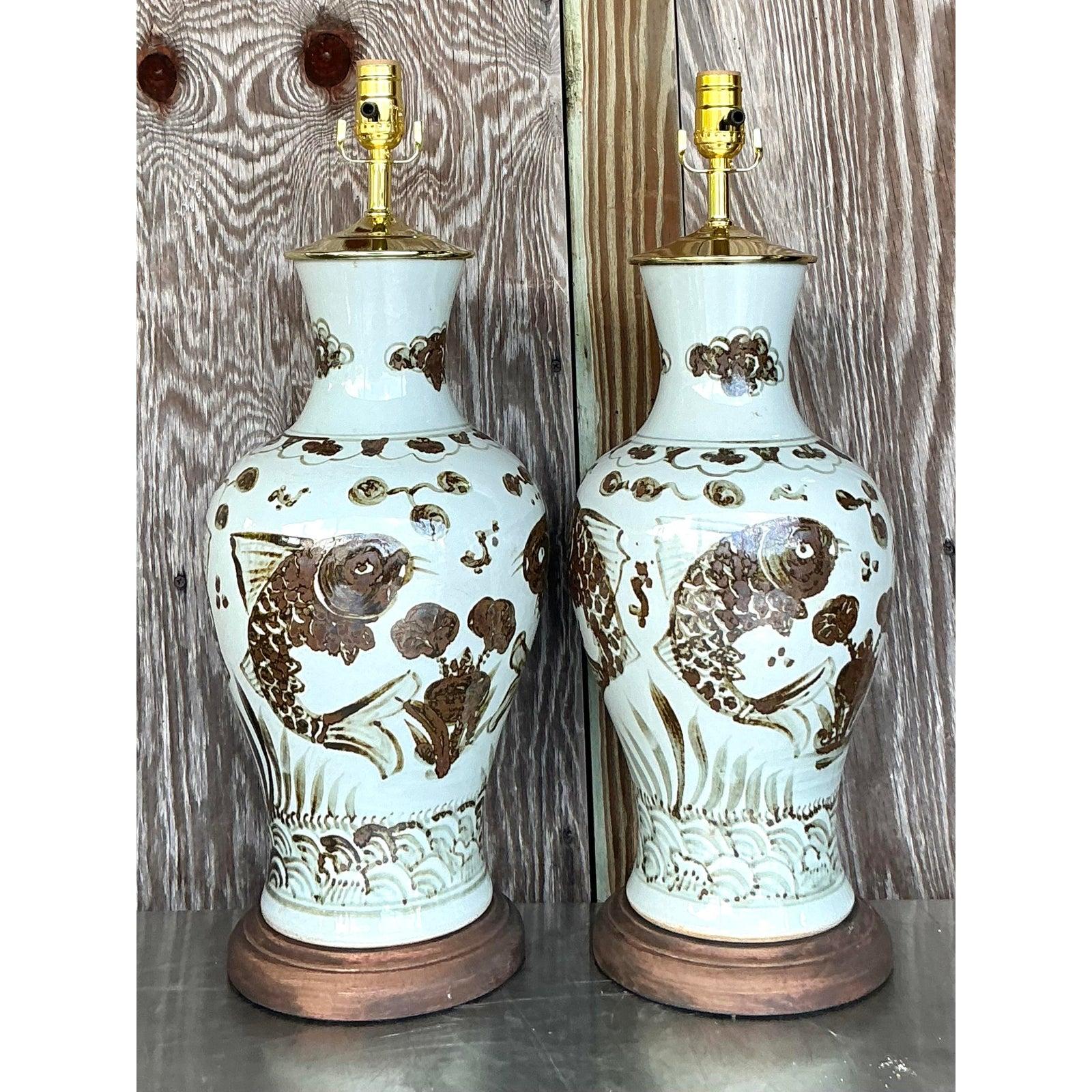 American Vintage Boho Hand Painted Koi Lamps - A Pair For Sale