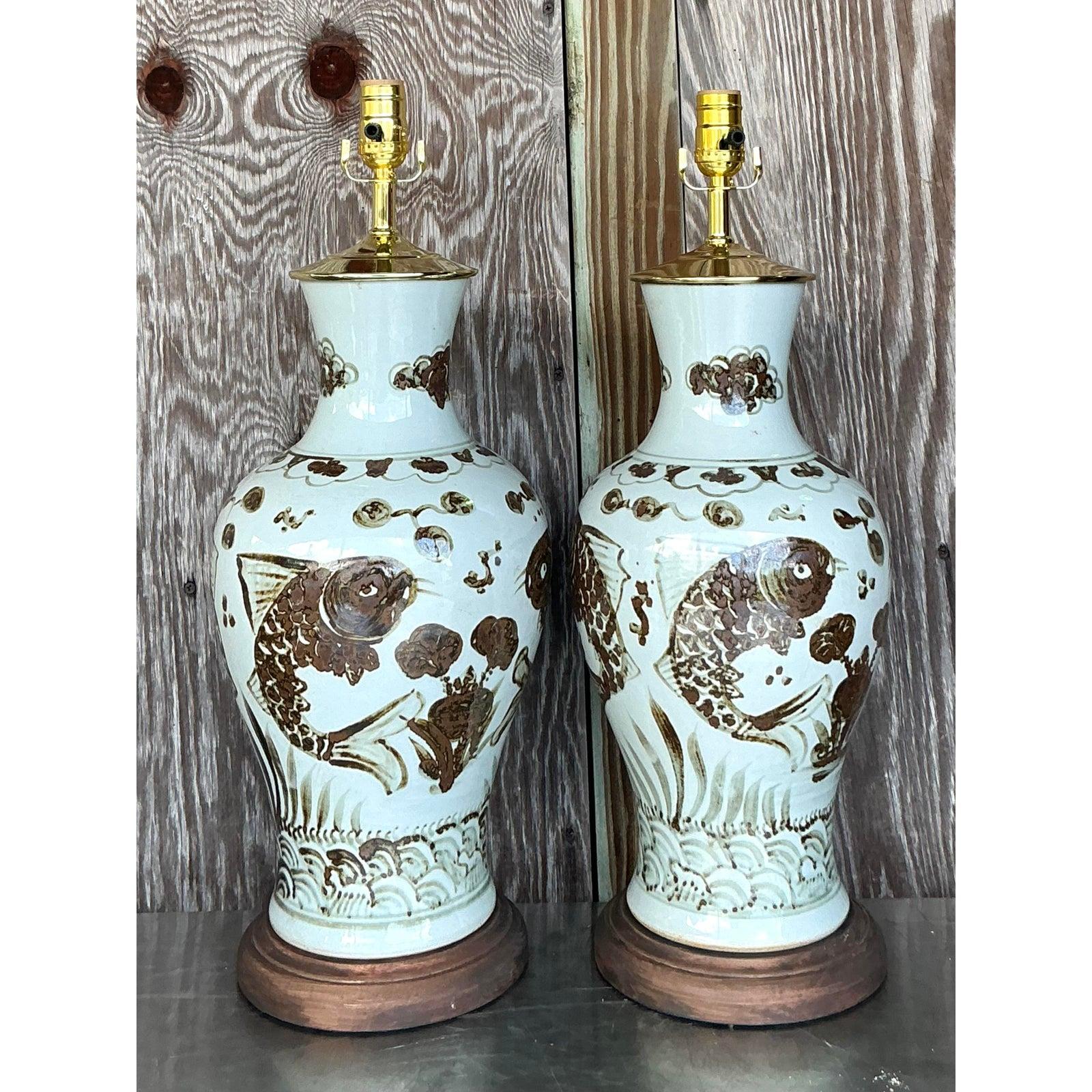 Vintage Boho Hand Painted Koi Lamps - A Pair In Good Condition For Sale In west palm beach, FL