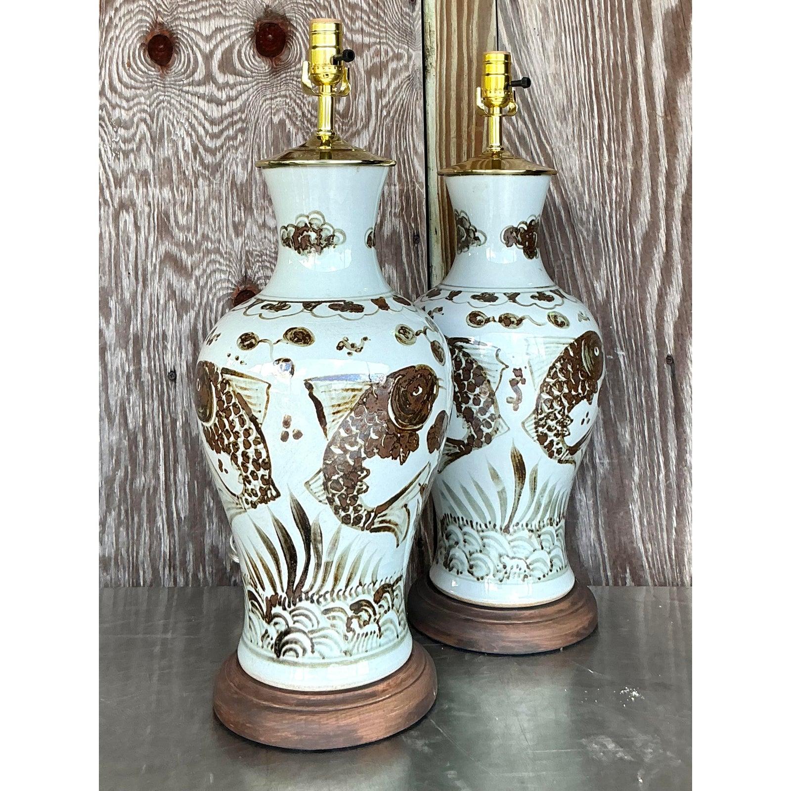 Contemporary Vintage Boho Hand Painted Koi Lamps - A Pair For Sale