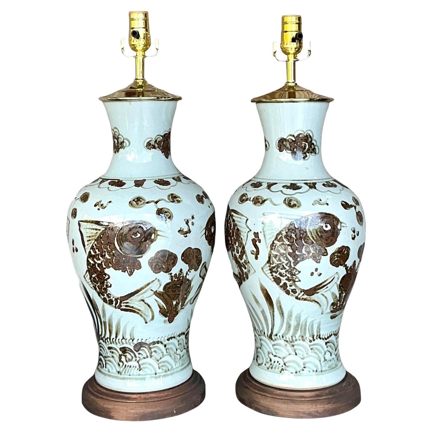 Vintage Boho Hand Painted Koi Lamps - A Pair For Sale