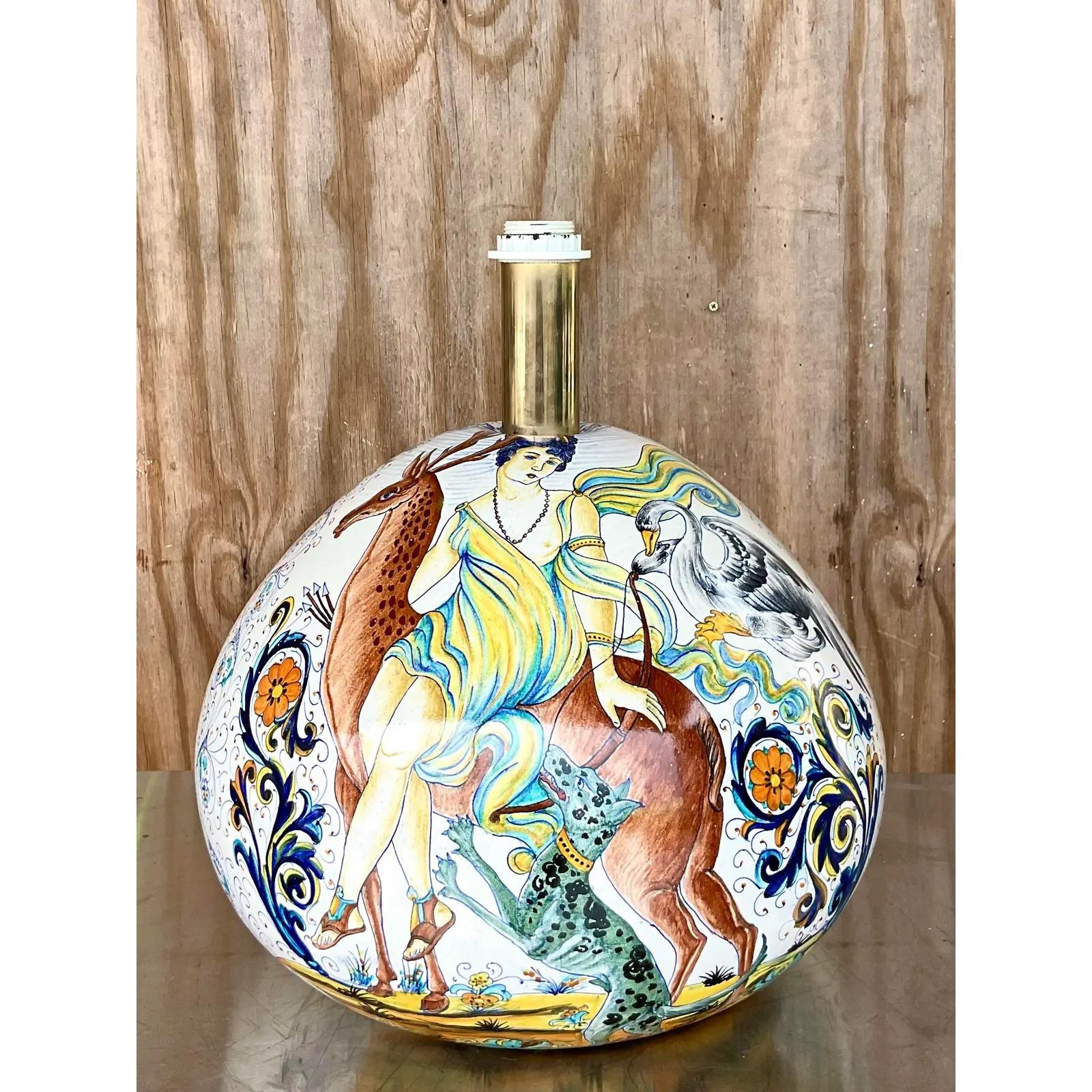 Vintage Boho Hand Painted Lamp In Fair Condition For Sale In west palm beach, FL