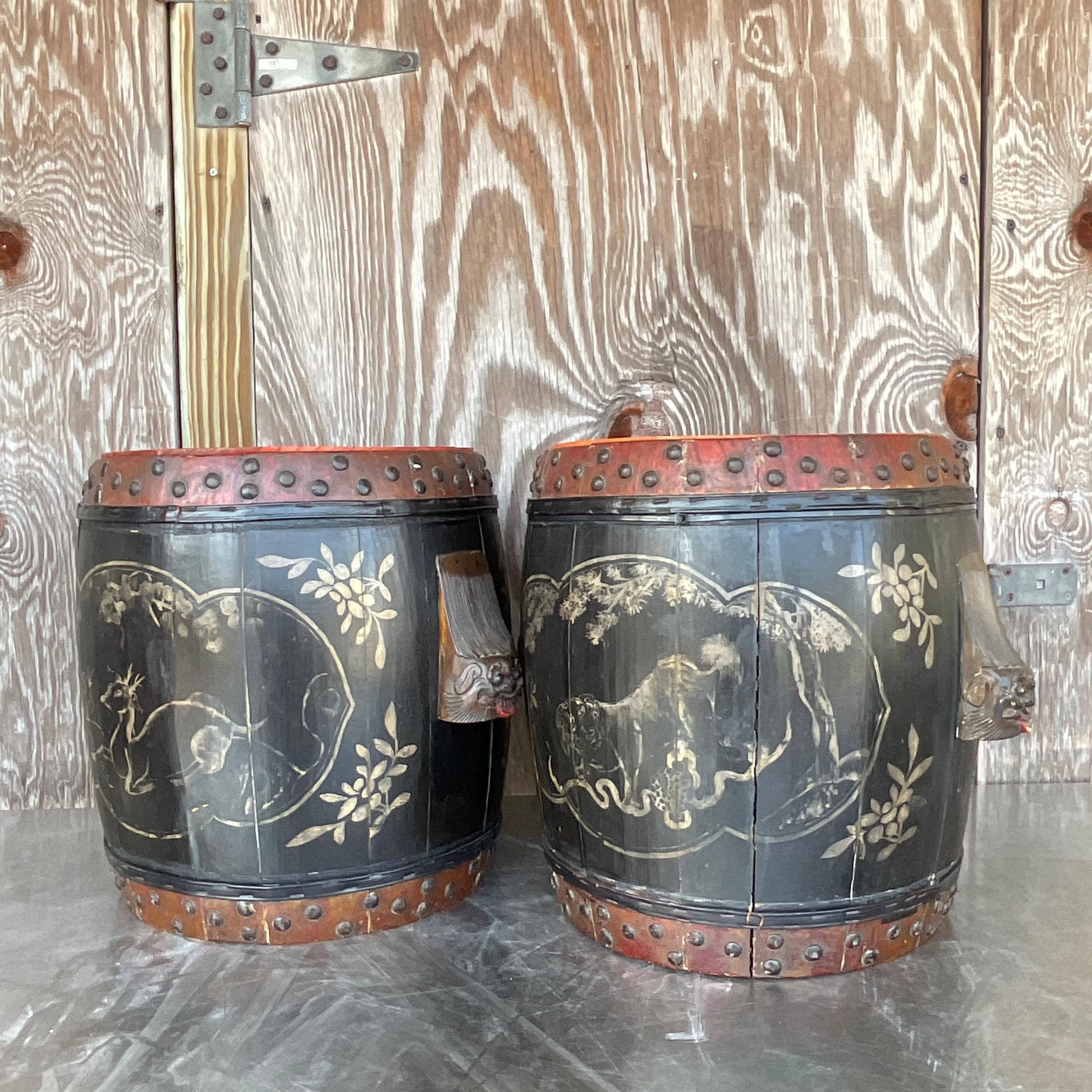 Chinese Vintage Boho Hand Painted Lidded Drums - a Pair For Sale