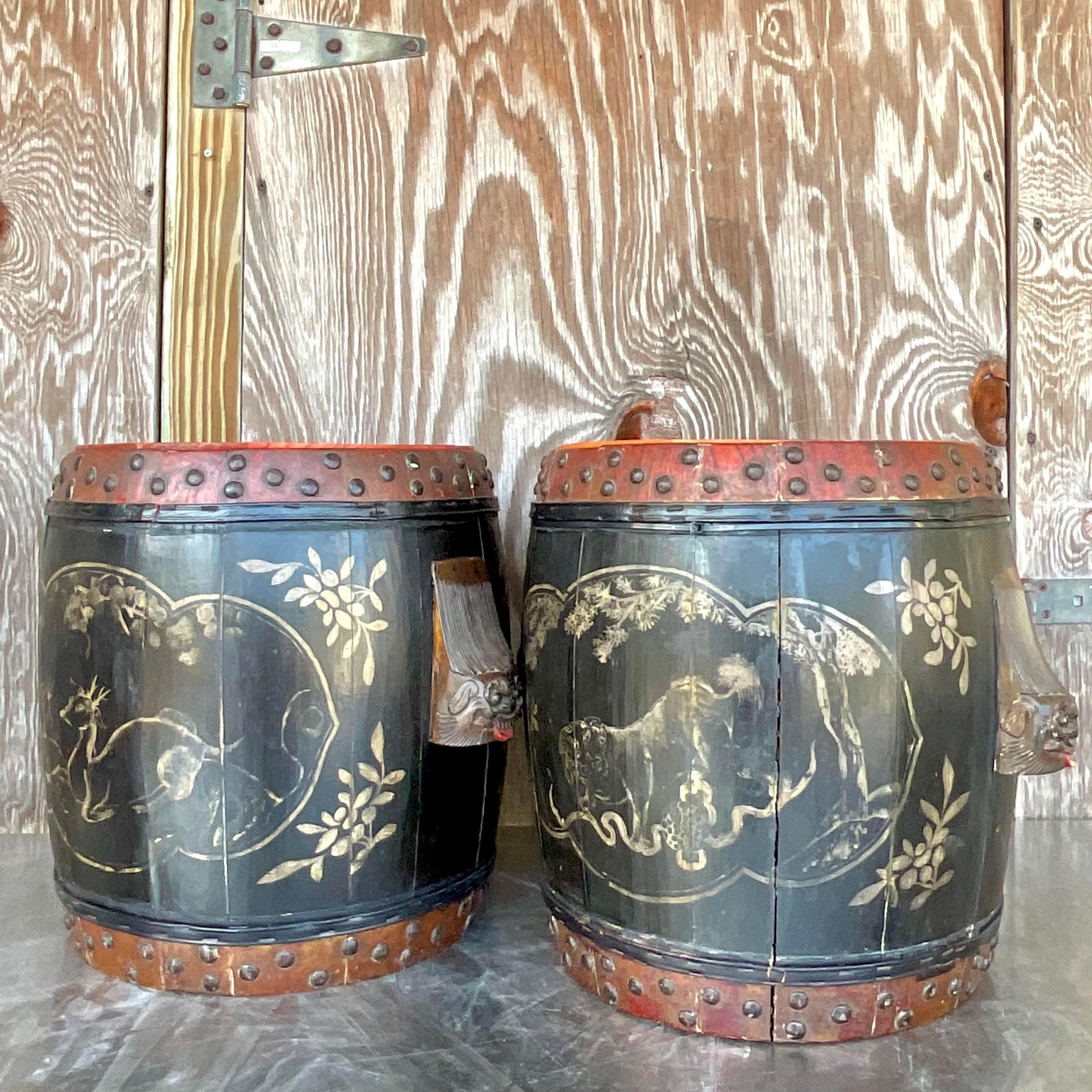 Vintage Boho Hand Painted Lidded Drums - a Pair For Sale 1