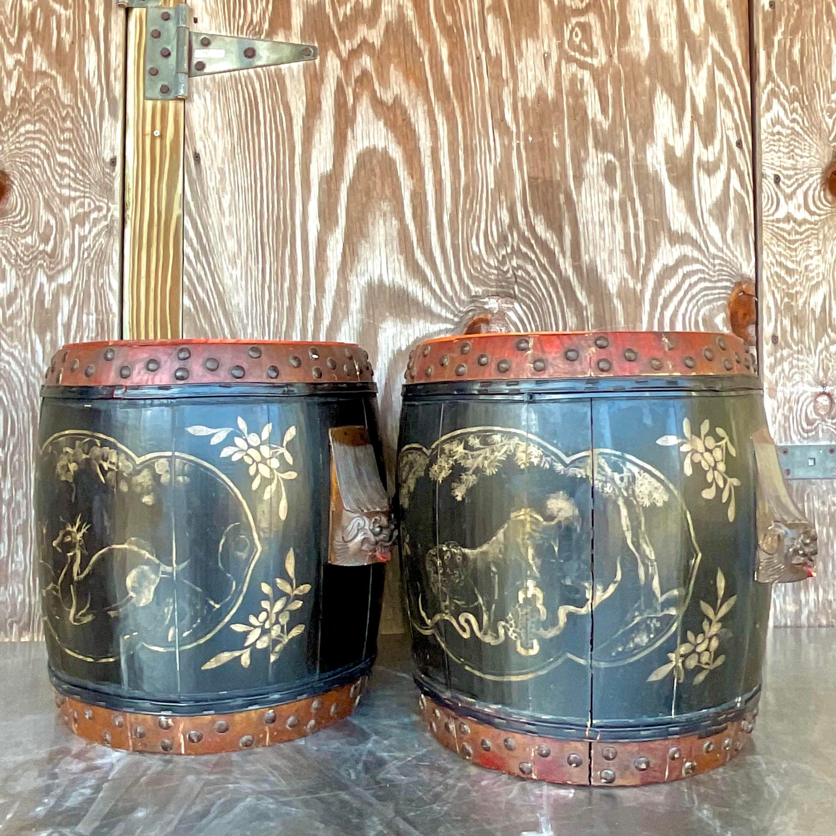 Vintage Boho Hand Painted Lidded Drums - a Pair For Sale 2