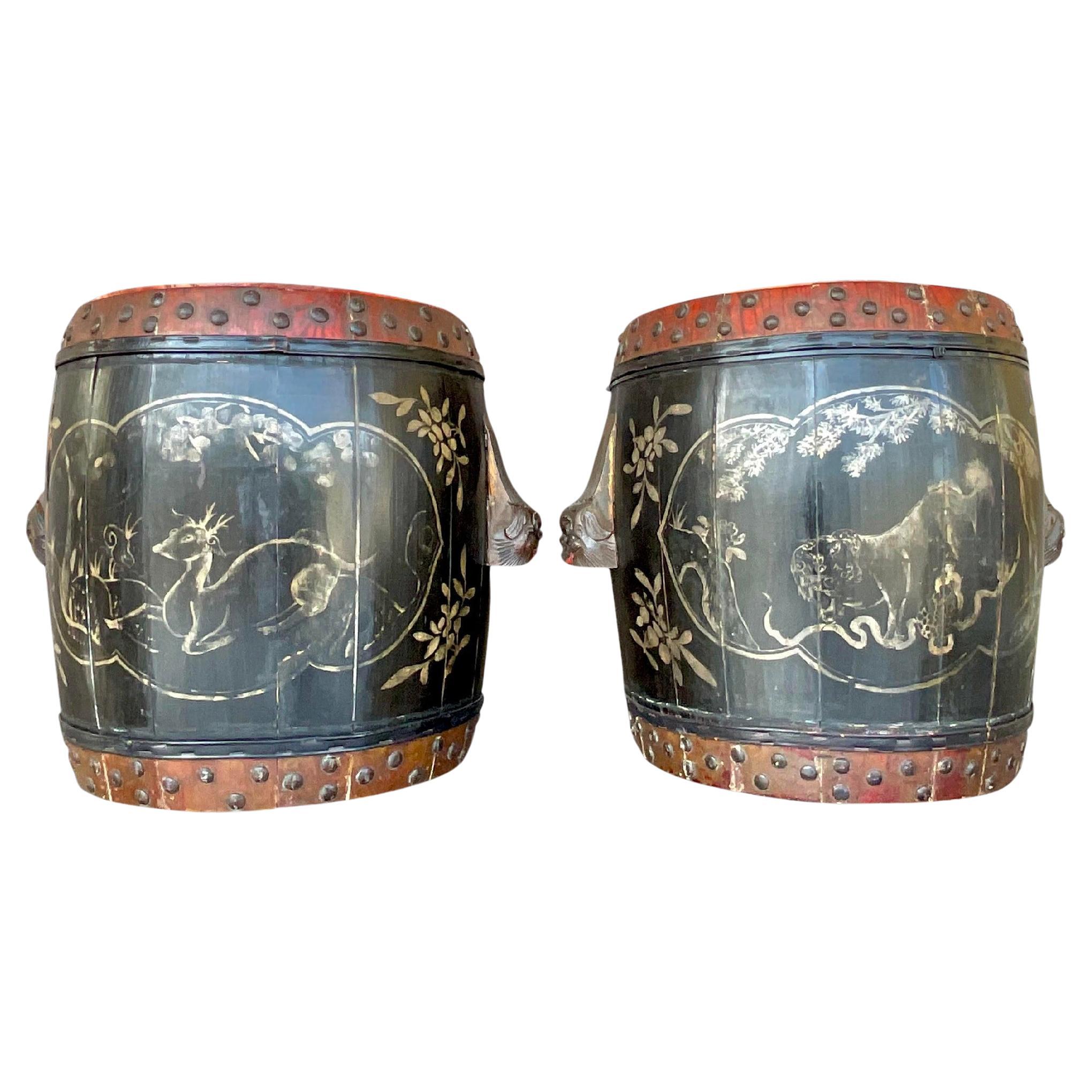 Vintage Boho Hand Painted Lidded Drums - a Pair For Sale