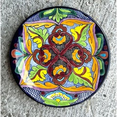 Vintage Boho Hand Painted Mexican Glazed Ceramic Plate