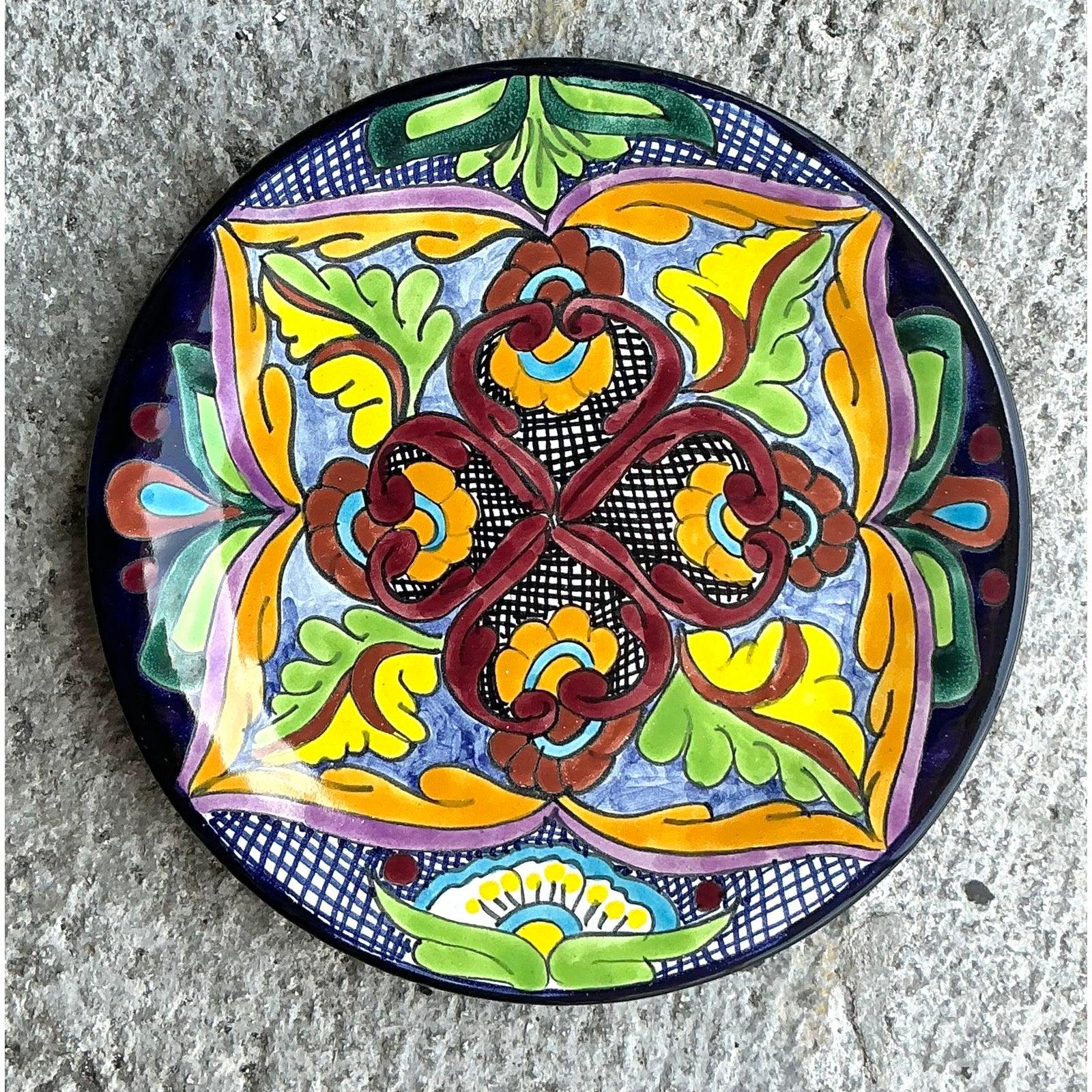 Vintage Boho Hand Painted Mexican Glazed Ceramic Plate In Good Condition For Sale In west palm beach, FL
