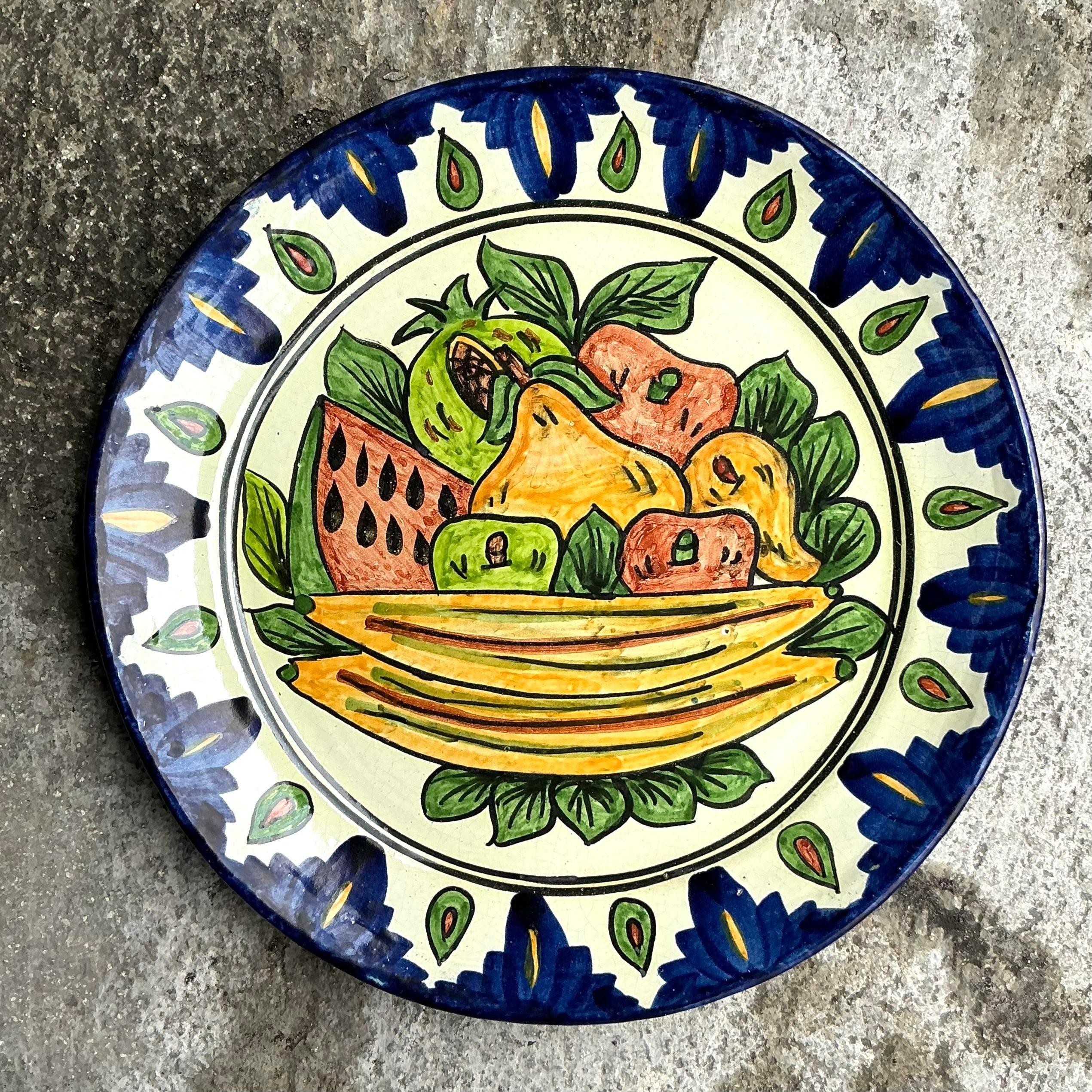 Plato Vintage Boho Pintado a Mano Mexicano Terracota en venta
