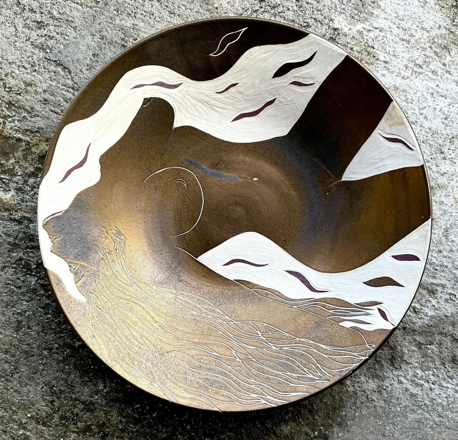 American Vintage Boho Hand Painted Nude Ceramic Bowl For Sale