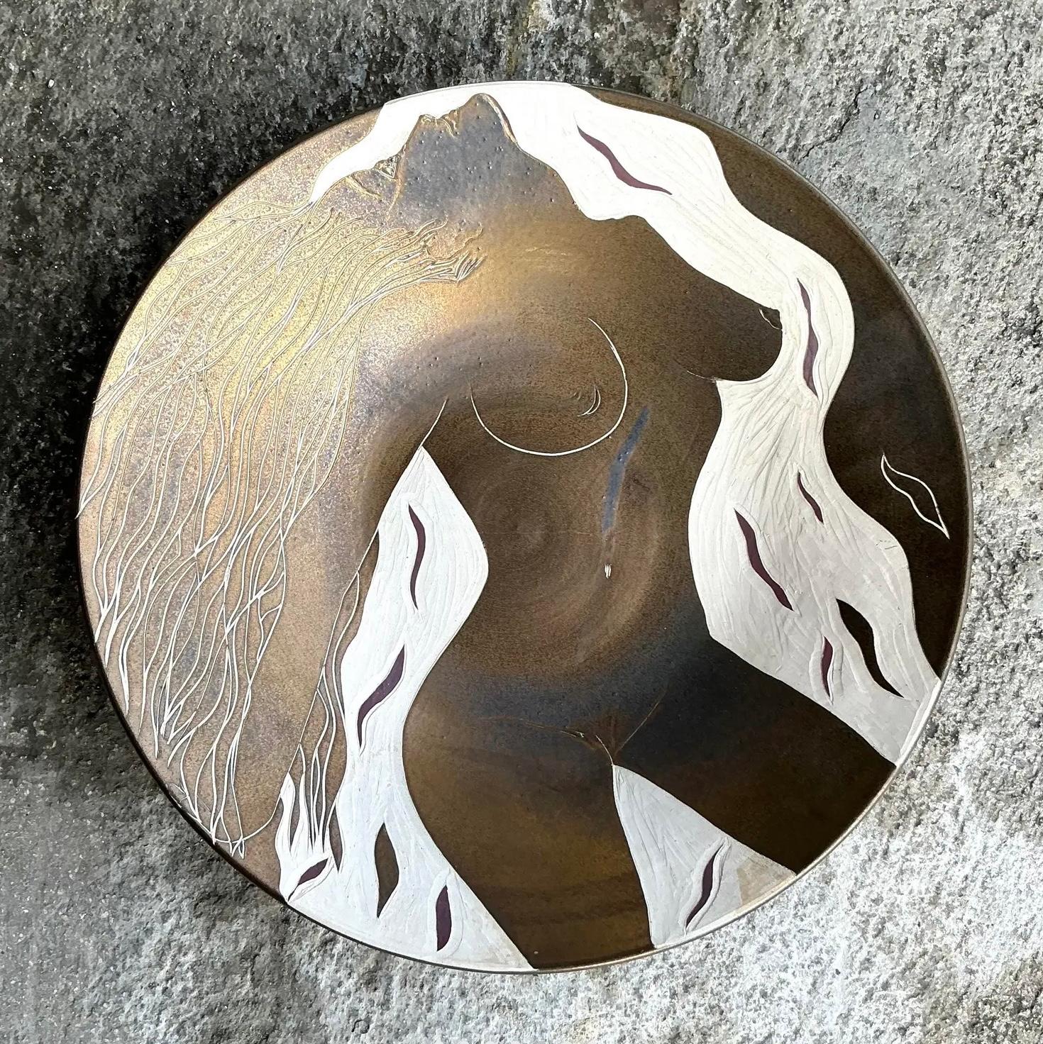 Vintage Boho Hand Painted Nude Ceramic Bowl In Good Condition For Sale In west palm beach, FL