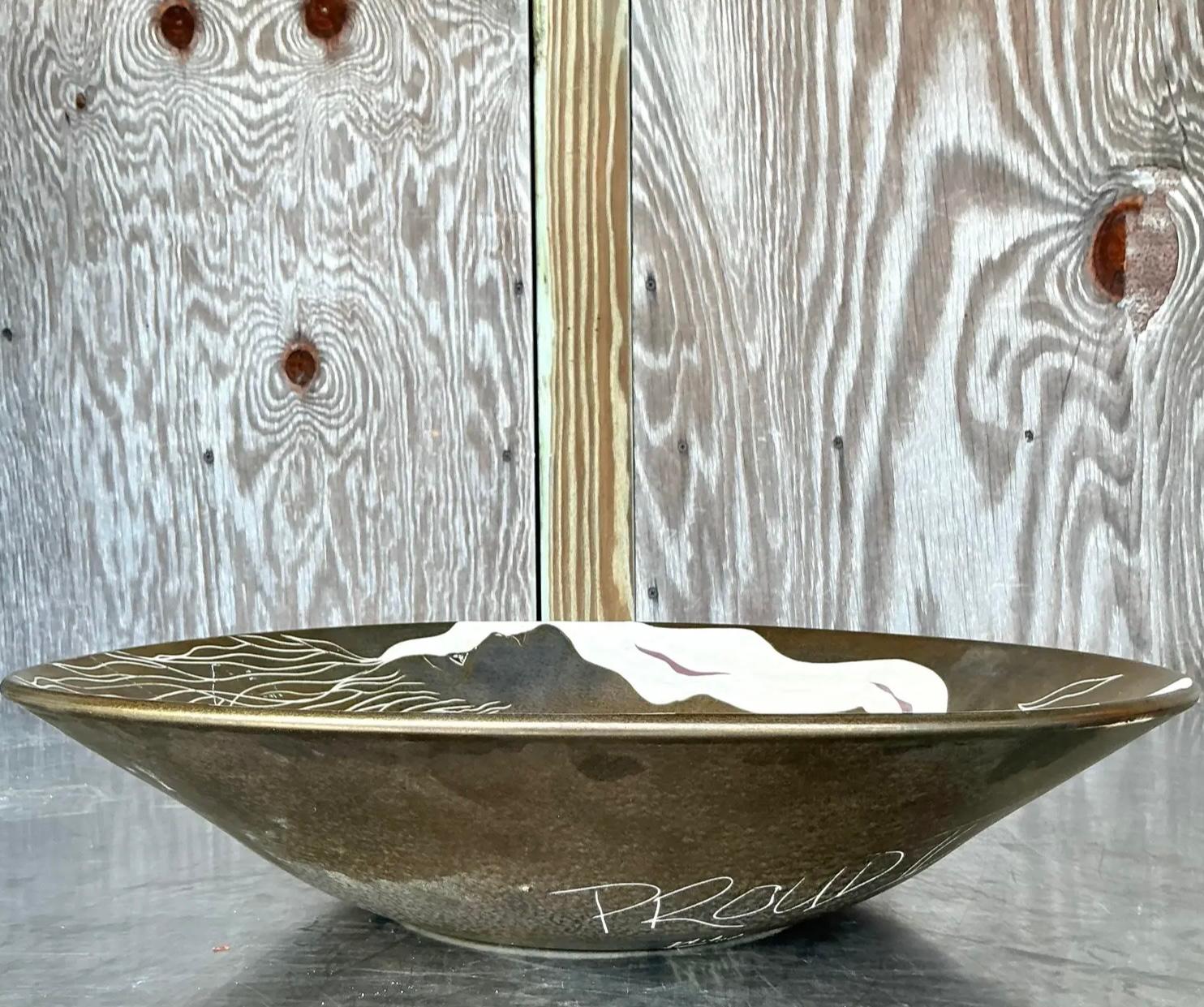 20th Century Vintage Boho Hand Painted Nude Ceramic Bowl For Sale