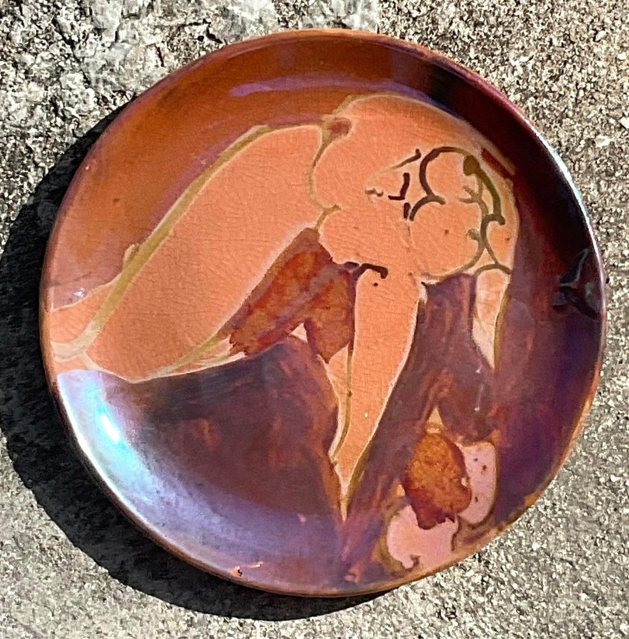 Vintage Boho Hand Painted Nude Studio Pottery Plate im Zustand „Gut“ im Angebot in West Palm Beach, FL