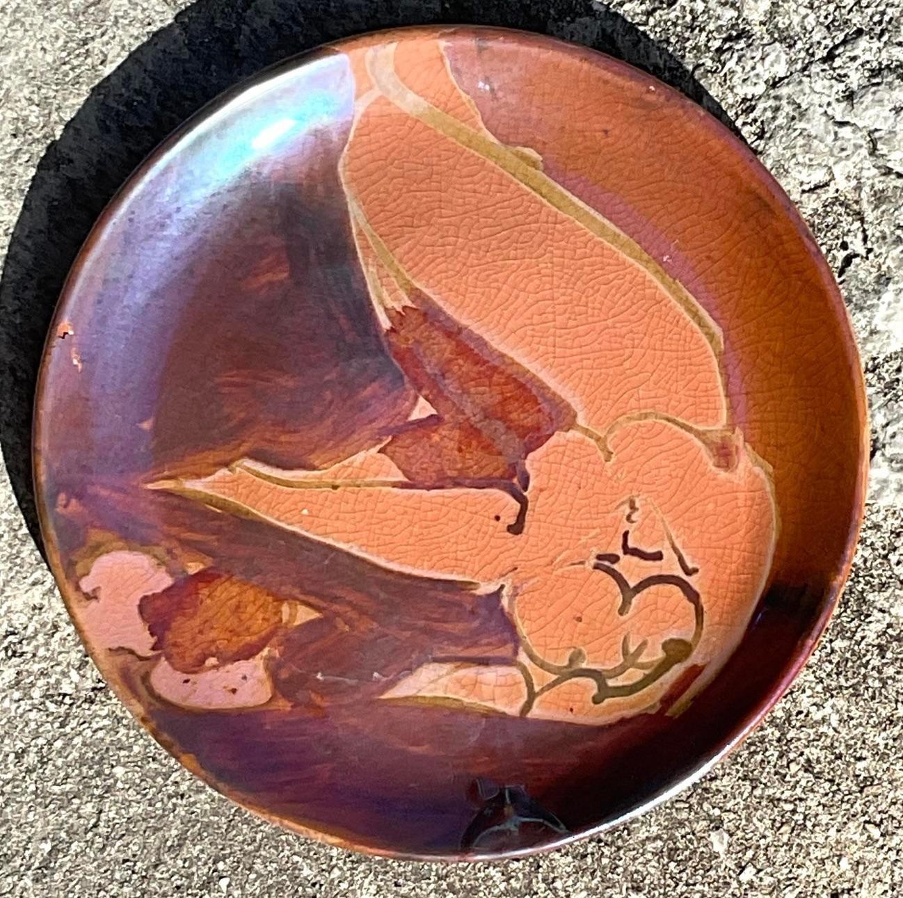 Vintage Boho Hand Painted Nude Studio Pottery Plate (Töpferwaren) im Angebot