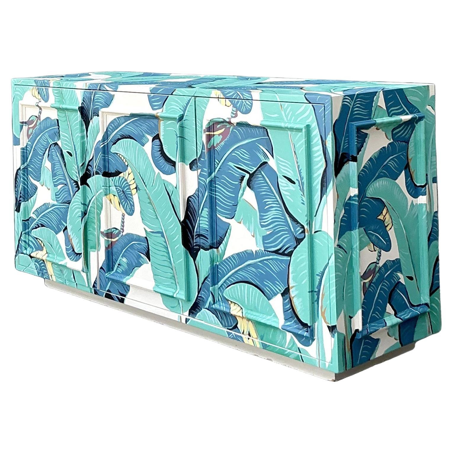 Crédence Vintage Boho Peinte à la Main Palm Frond en vente