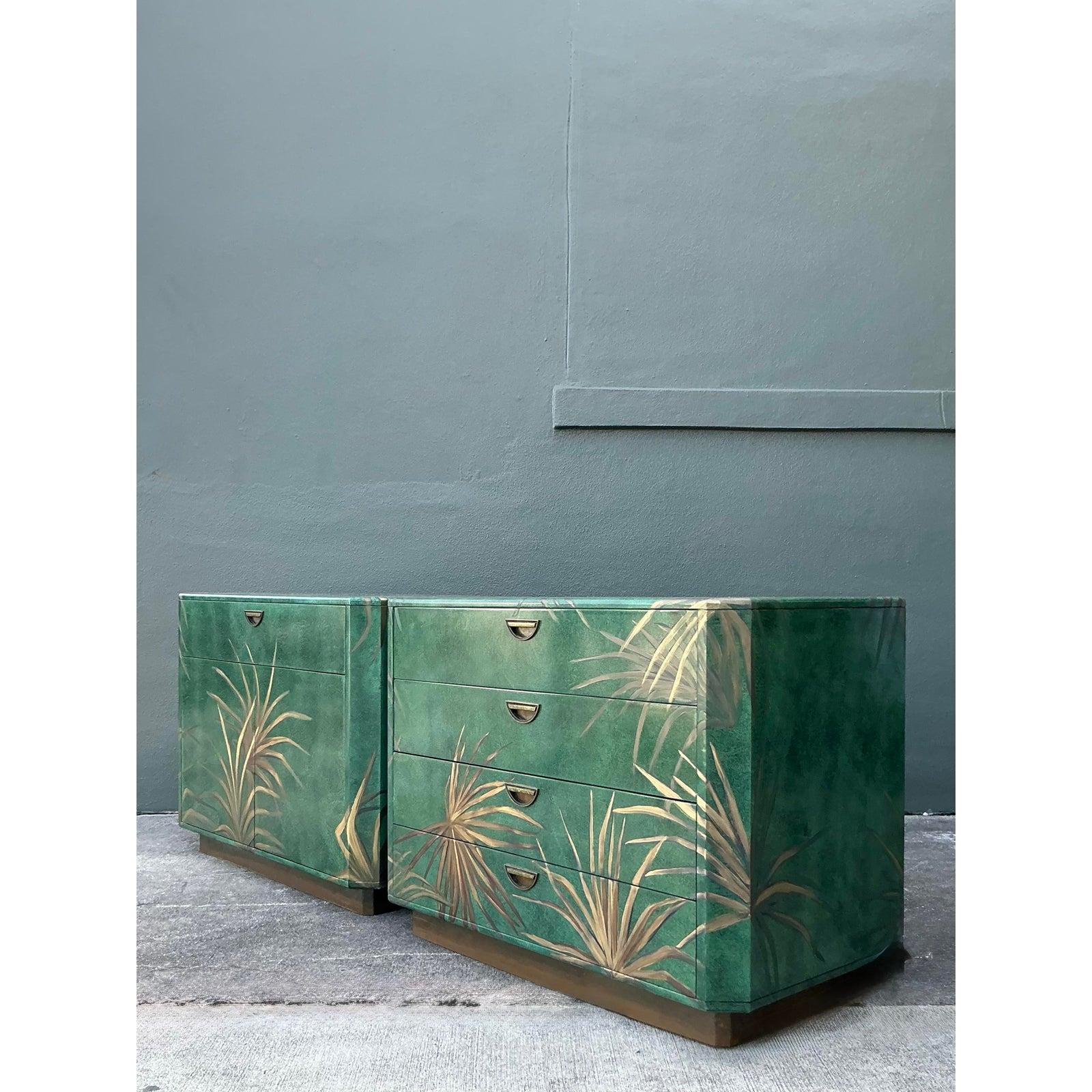 Vintage Boho Hand Painted Palms Dry Bar and Chest - Set of 2 For Sale 3