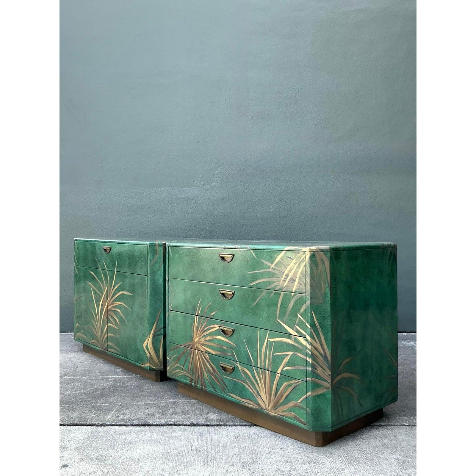 Vintage Boho Hand Painted Palms Dry Bar and Chest - Set of 2 For Sale 4