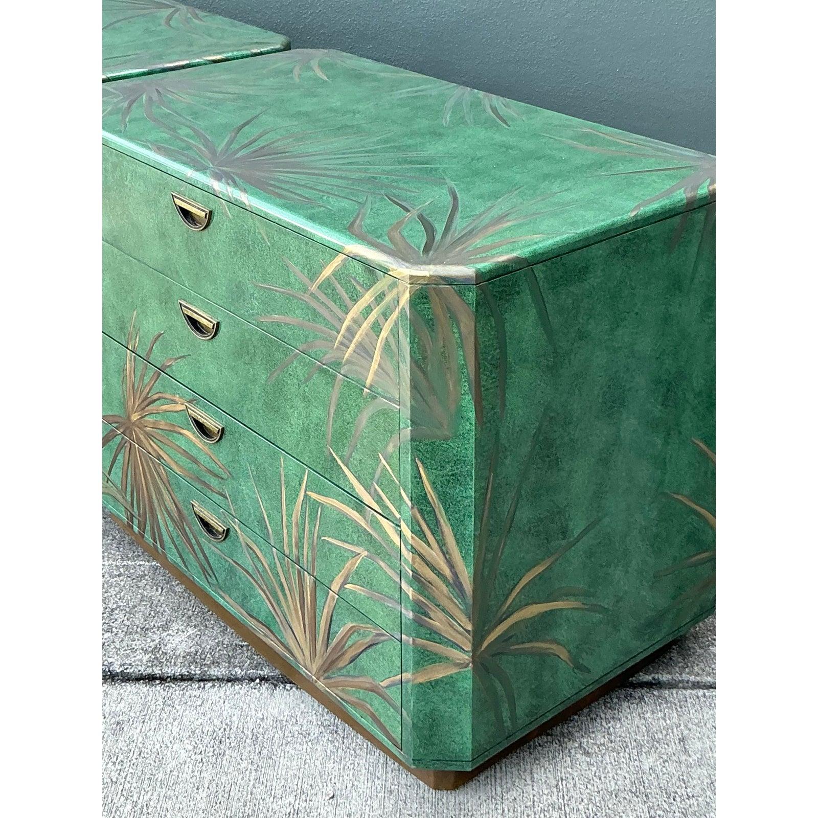 Vintage Boho Hand Painted Palms Dry Bar and Chest - Set of 2 For Sale 7