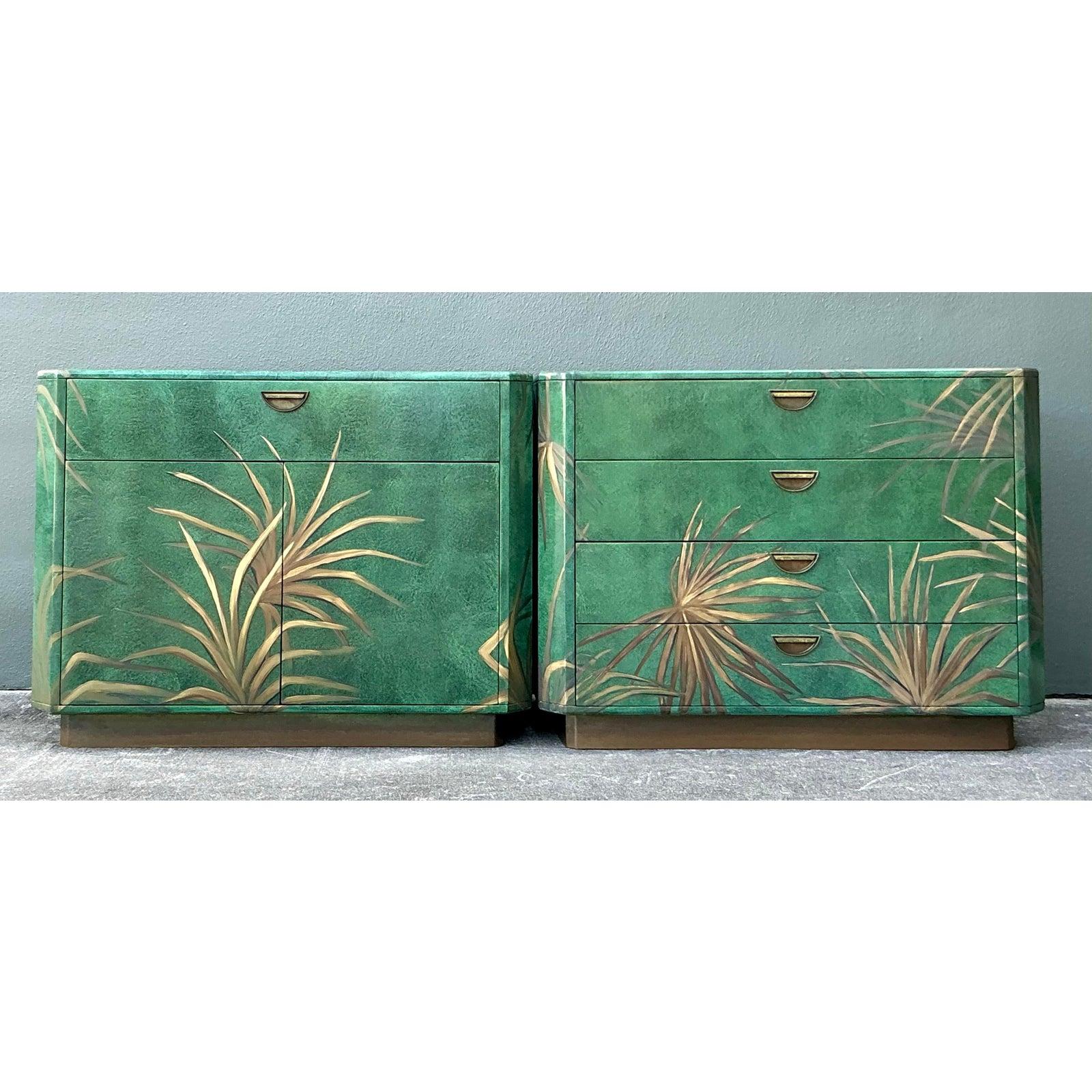 Vintage Boho Hand Painted Palms Dry Bar and Chest - Set of 2 For Sale 8