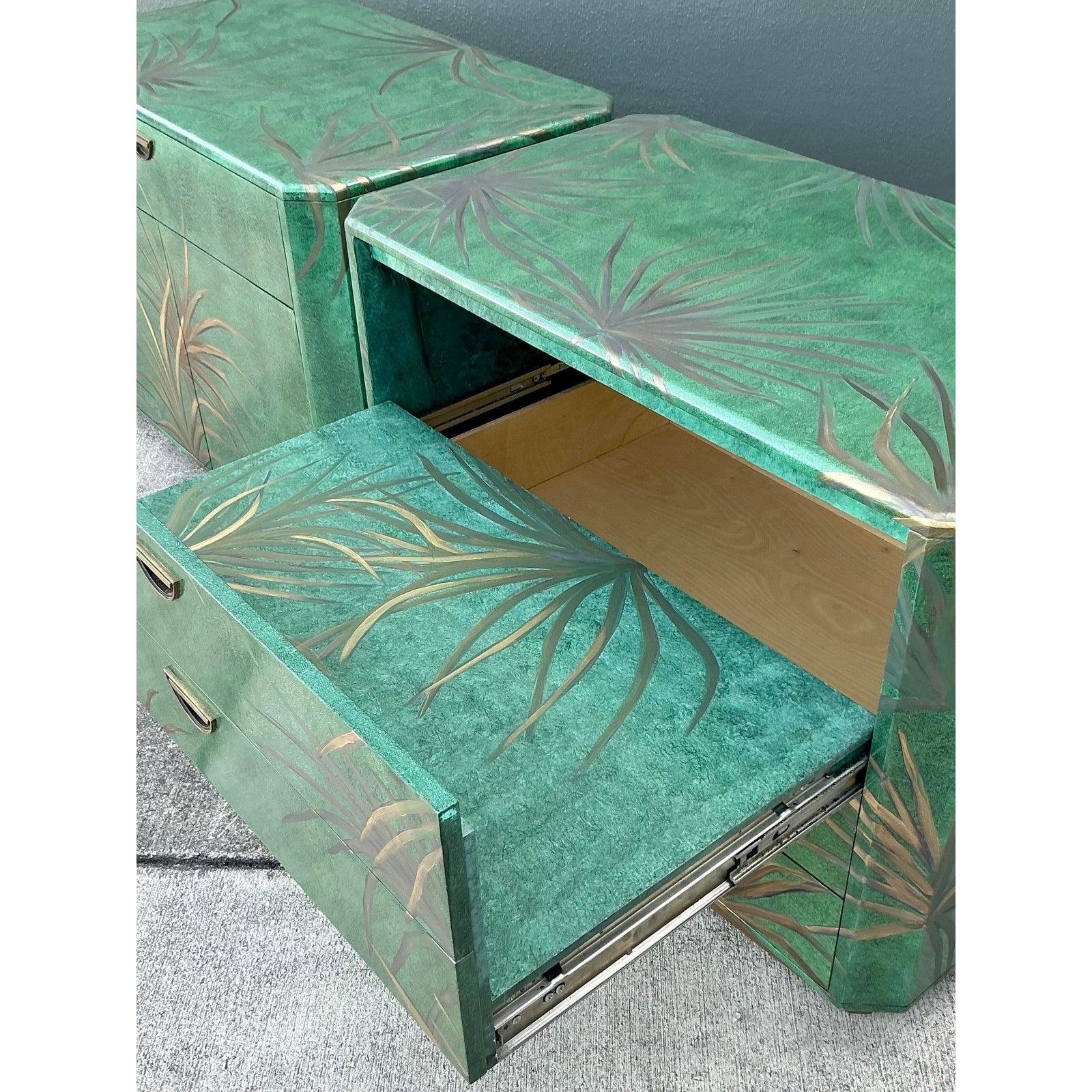 Hollywood Regency Vintage Boho Hand Painted Palms Dry Bar and Chest - Set of 2 For Sale