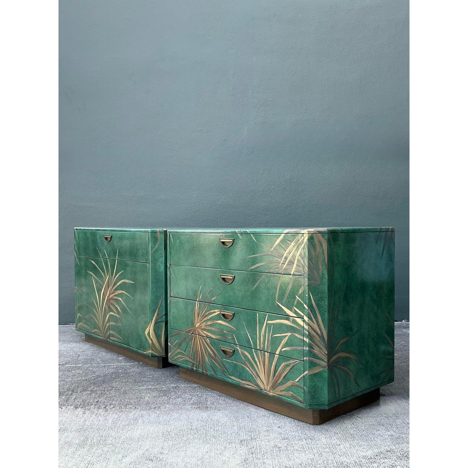 American Vintage Boho Hand Painted Palms Dry Bar and Chest - Set of 2 For Sale
