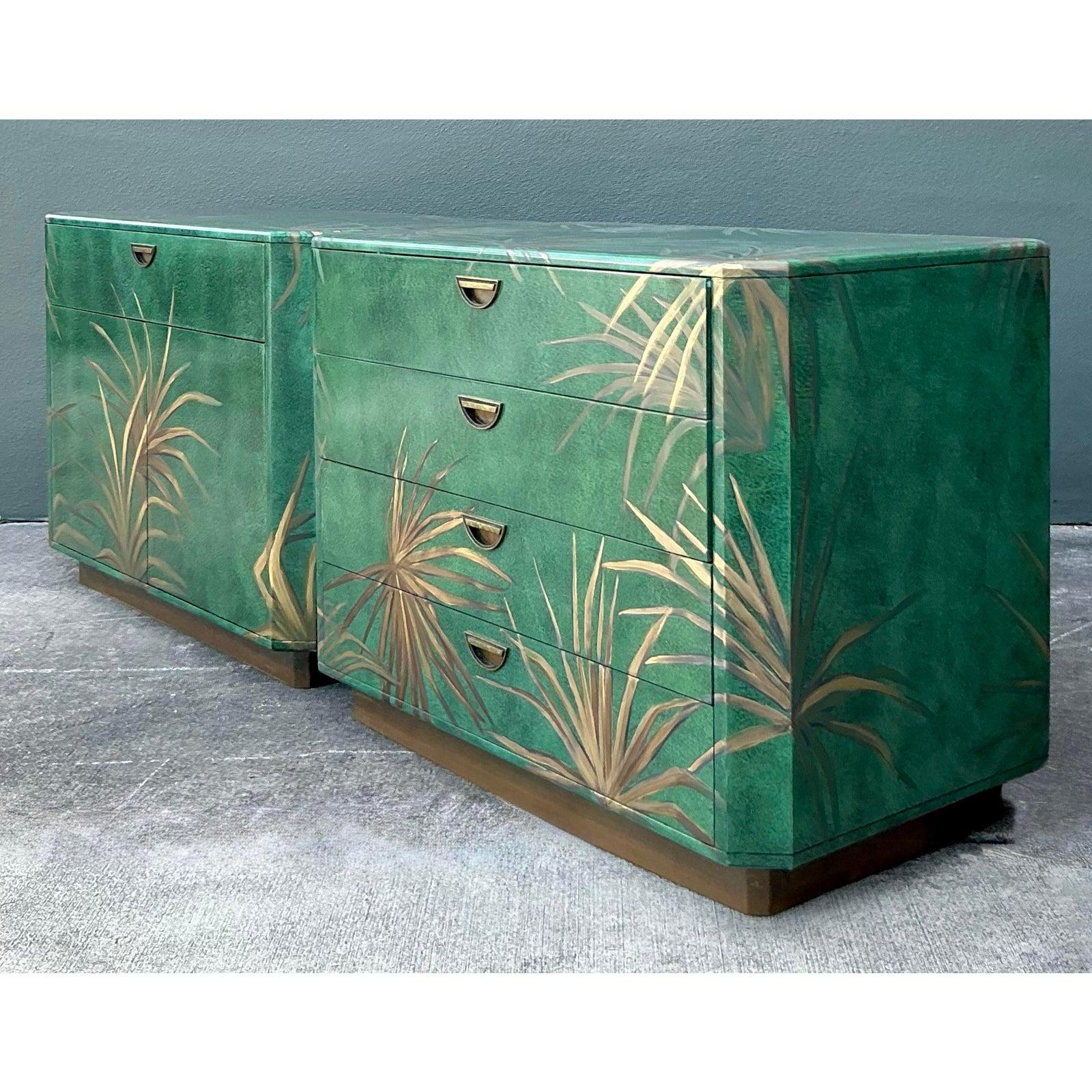 Vintage Boho Hand Painted Palms Dry Bar and Chest - Set of 2 In Good Condition For Sale In West Palm Beach, FL
