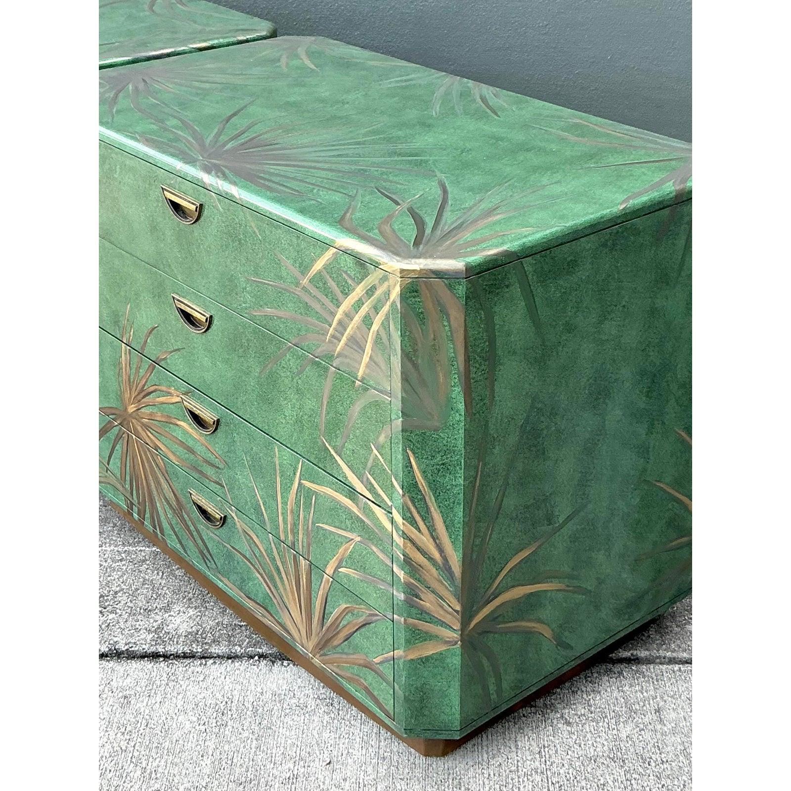 20th Century Vintage Boho Hand Painted Palms Dry Bar and Chest - Set of 2 For Sale