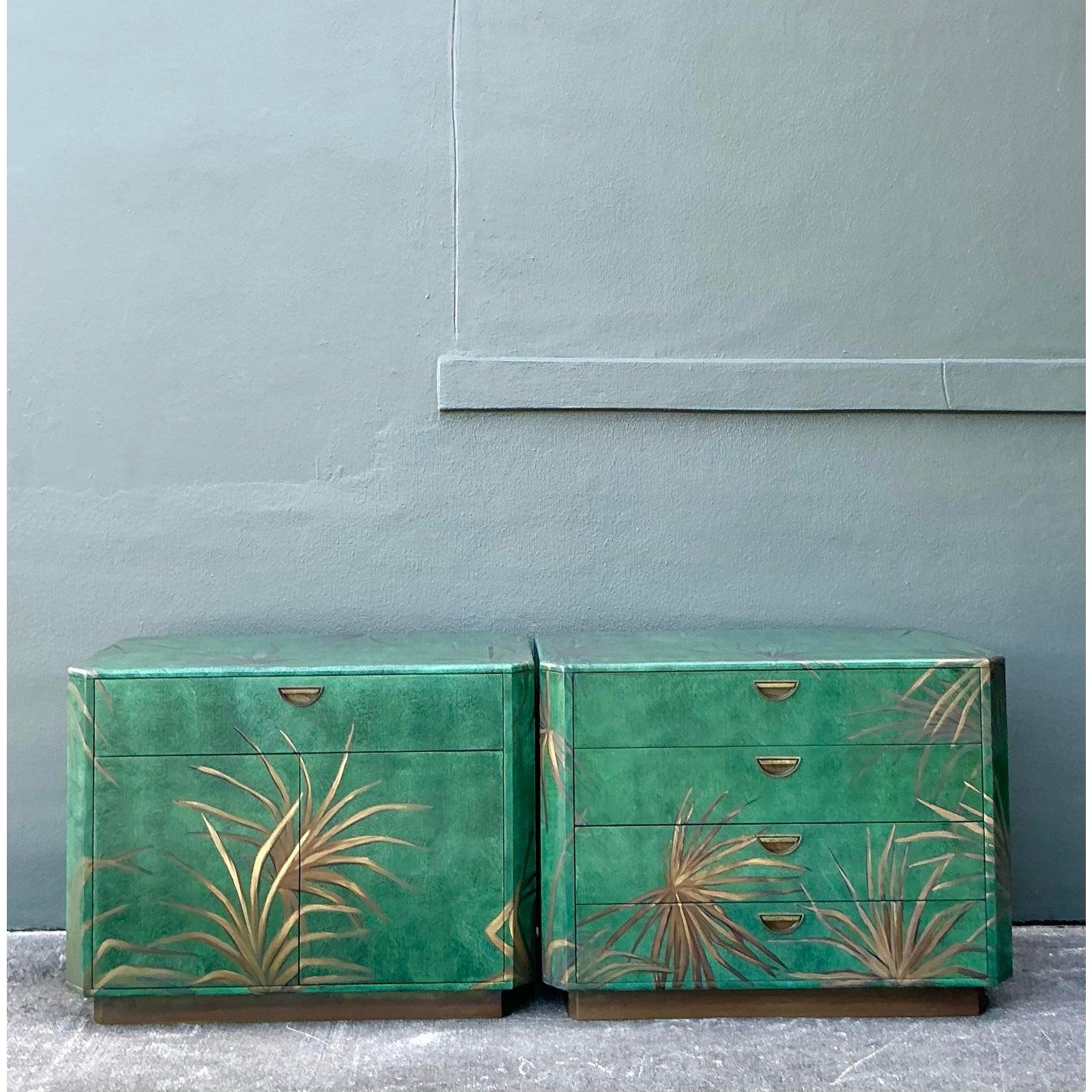 Brass Vintage Boho Hand Painted Palms Dry Bar and Chest - Set of 2 For Sale