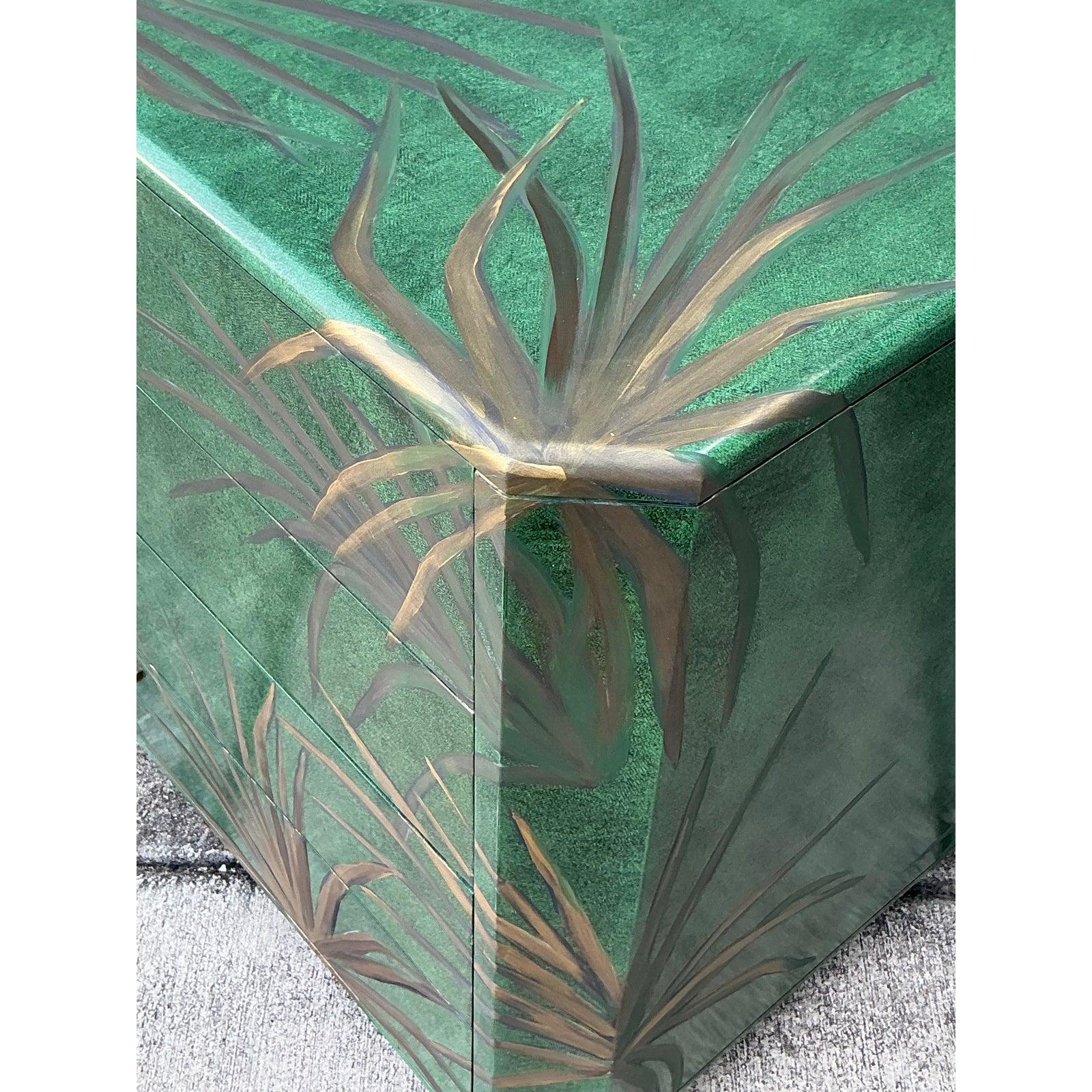 Vintage Boho Hand Painted Palms Dry Bar and Chest - Set of 2 For Sale 1
