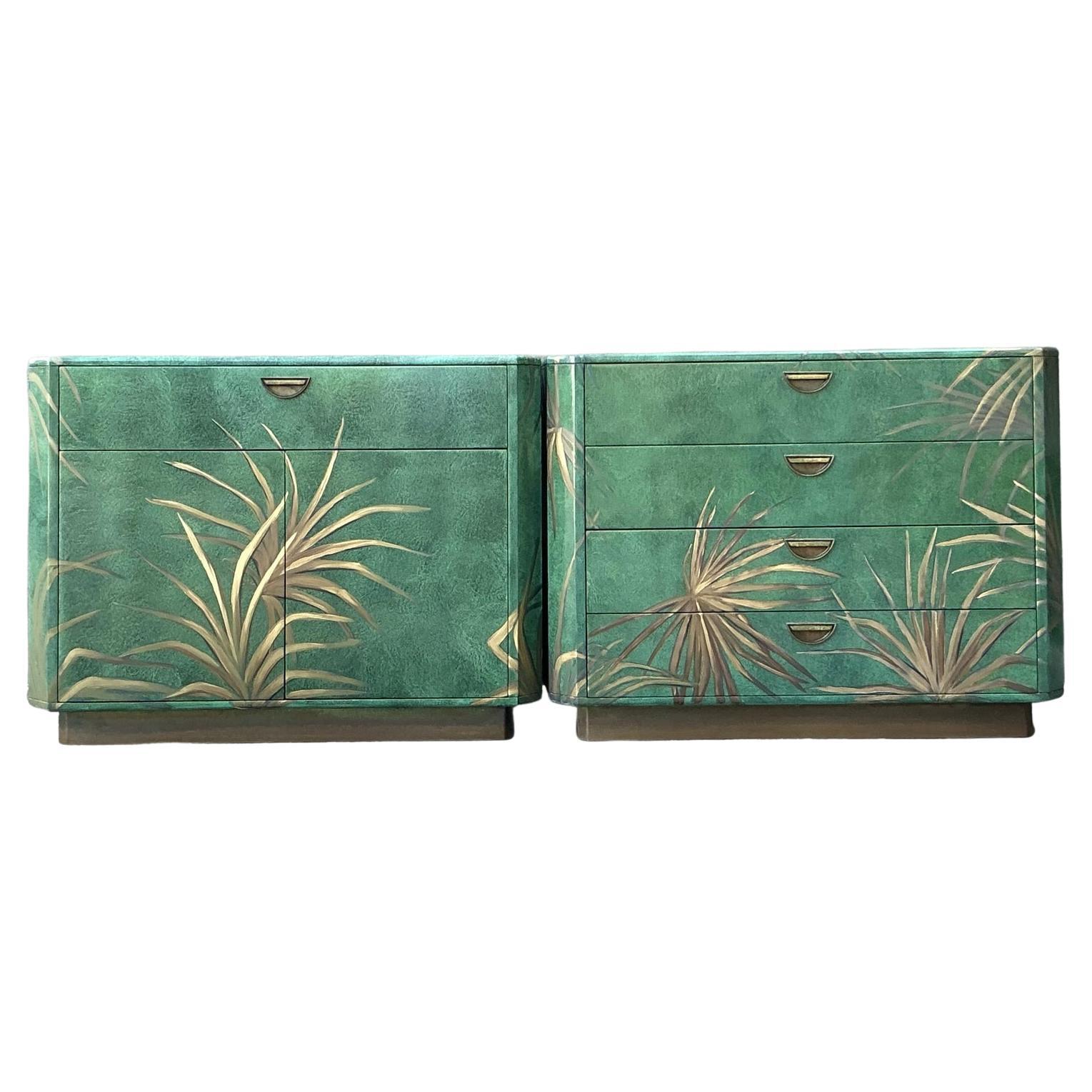 Vintage Boho Hand Painted Palms Dry Bar and Chest - Set of 2 For Sale