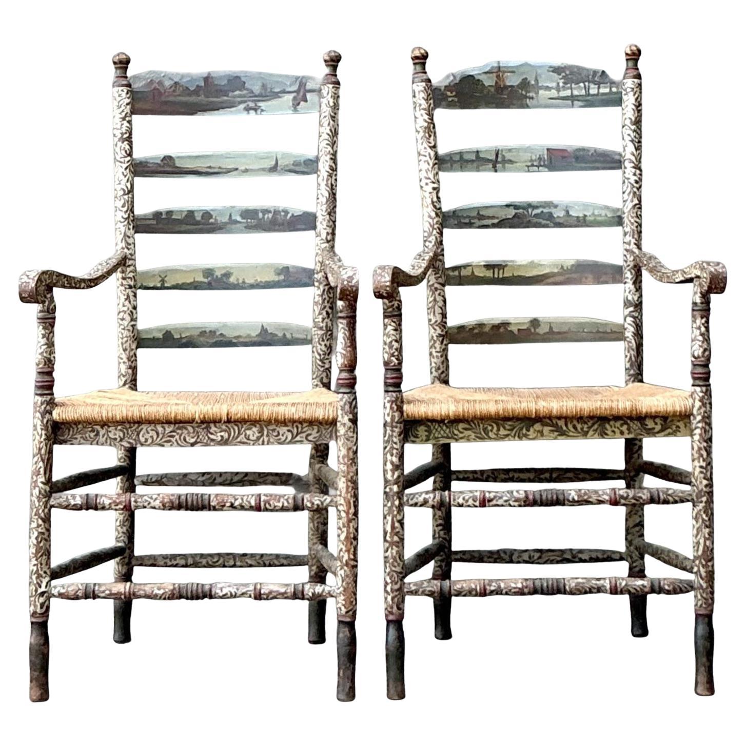 Vintage Boho Hand Painted Pastoral Ladder Back Chairs - A Pair For Sale