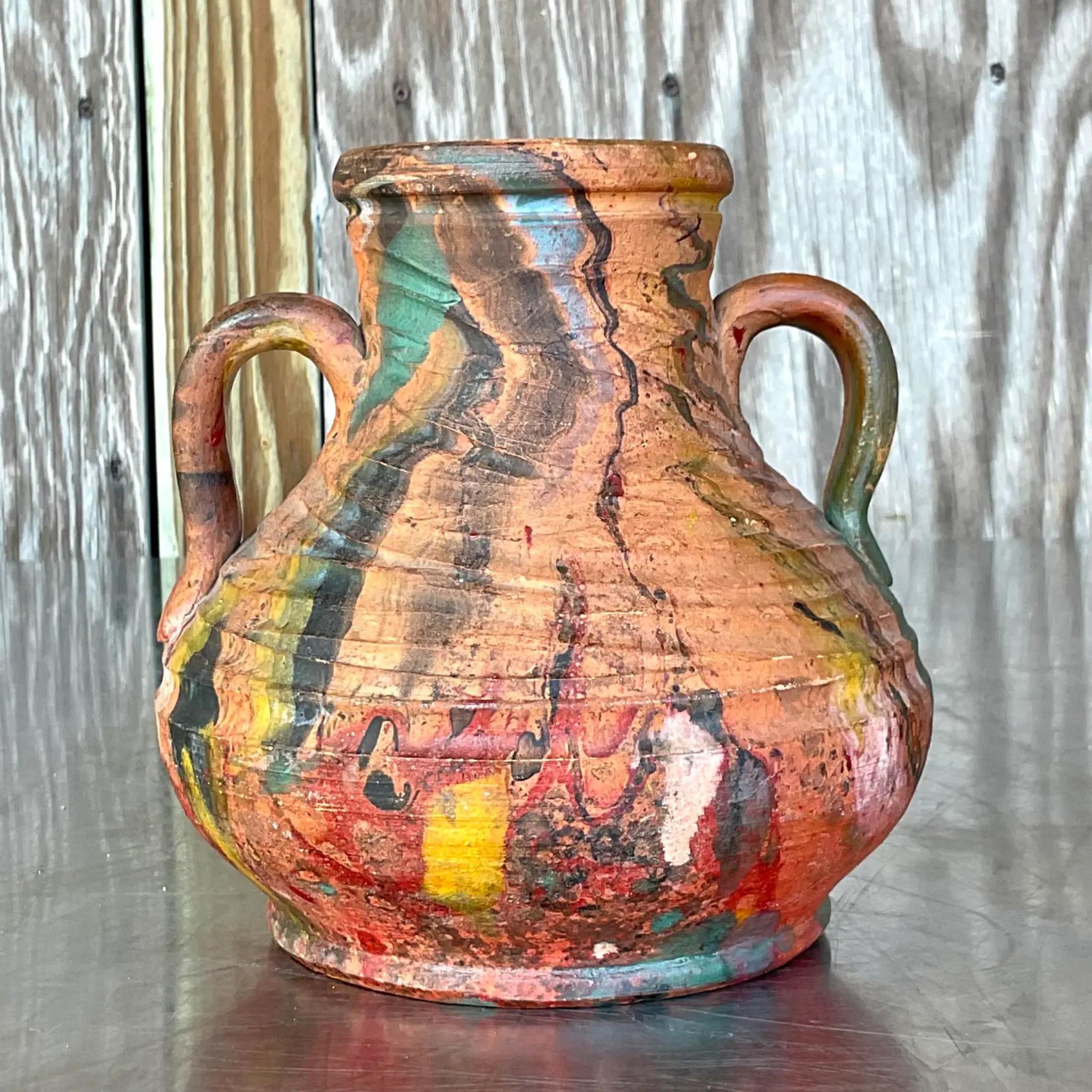 Bohemian Vintage Boho Hand Painted Pottery Vase For Sale