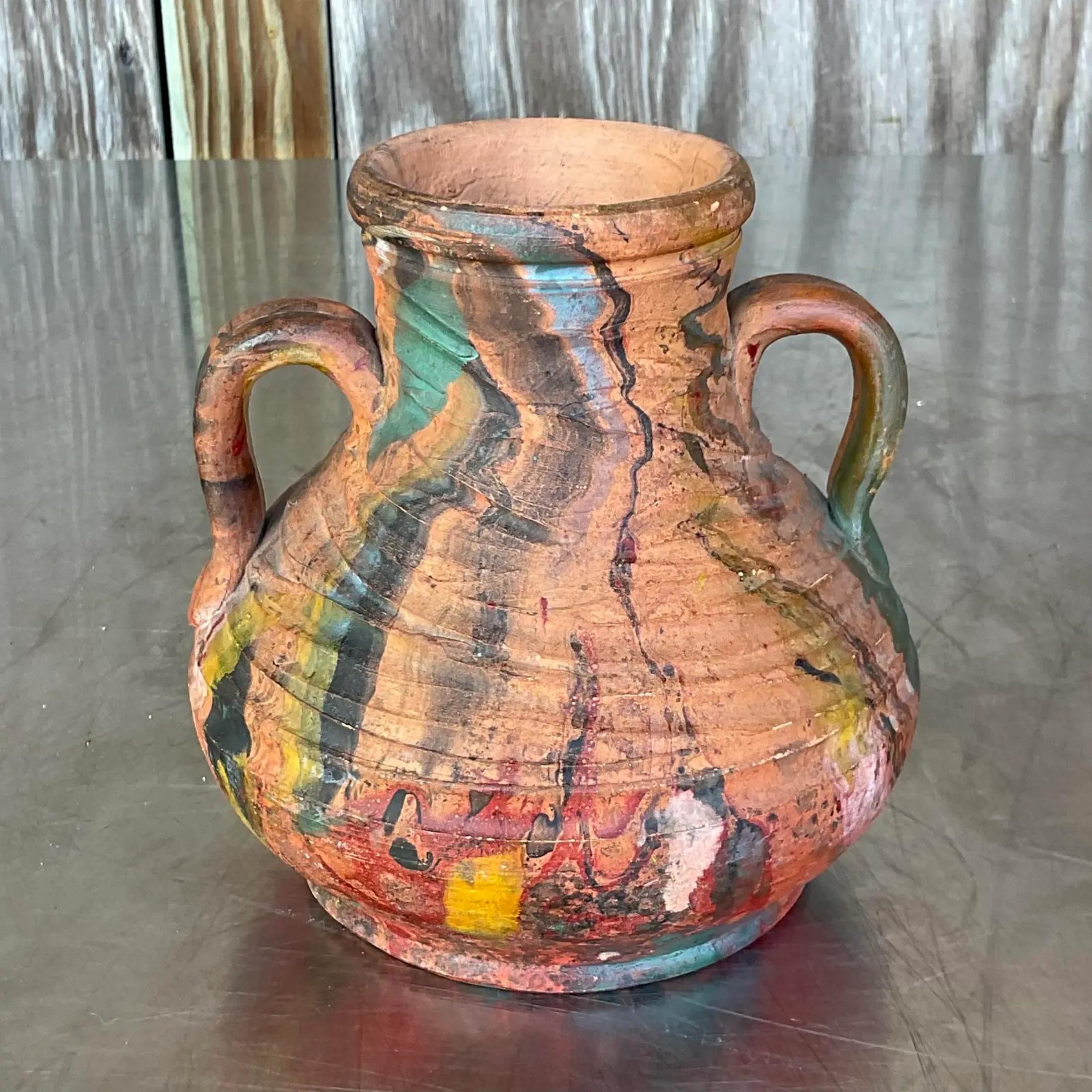 American Vintage Boho Hand Painted Pottery Vase For Sale