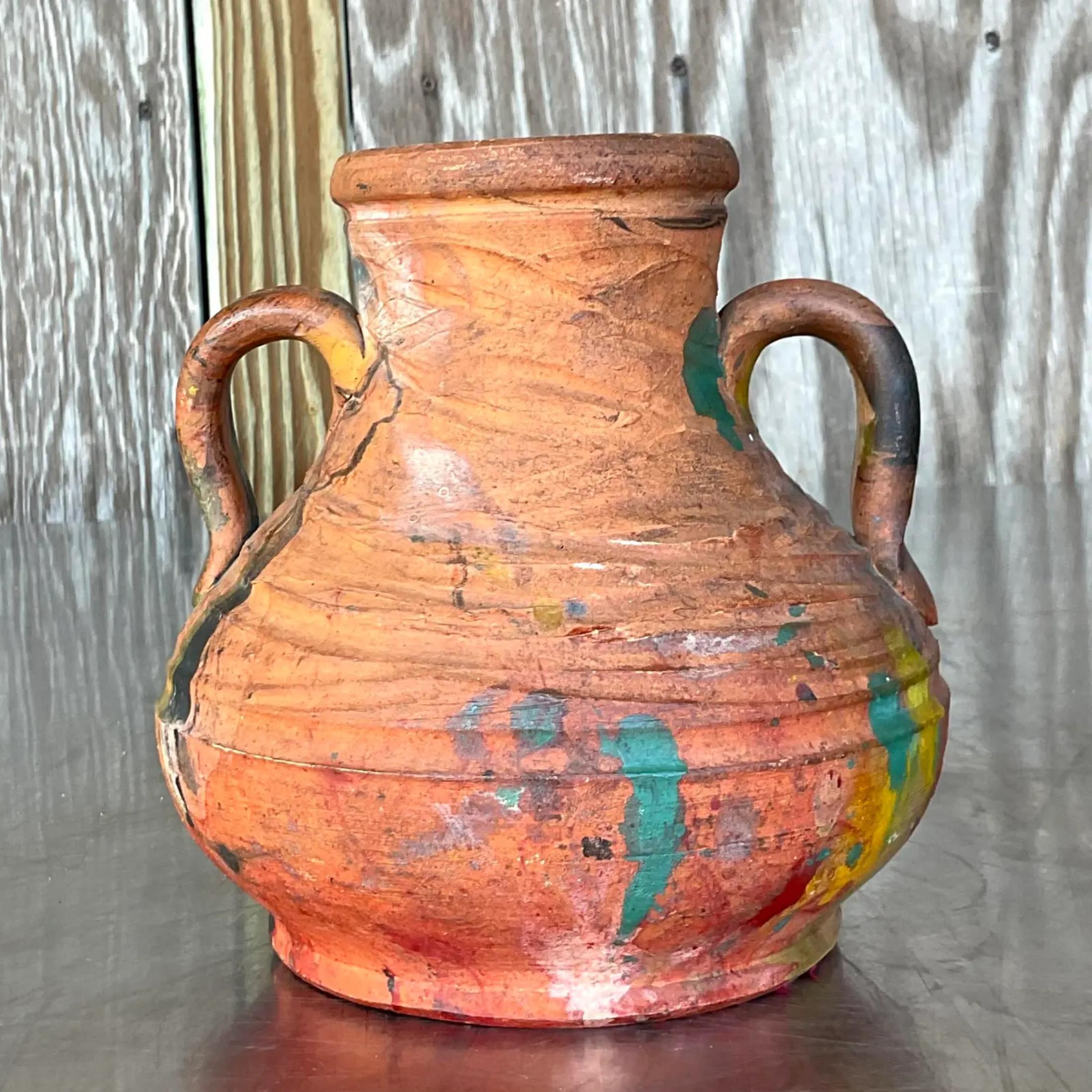Vintage Boho Hand Painted Pottery Vase In Good Condition For Sale In west palm beach, FL