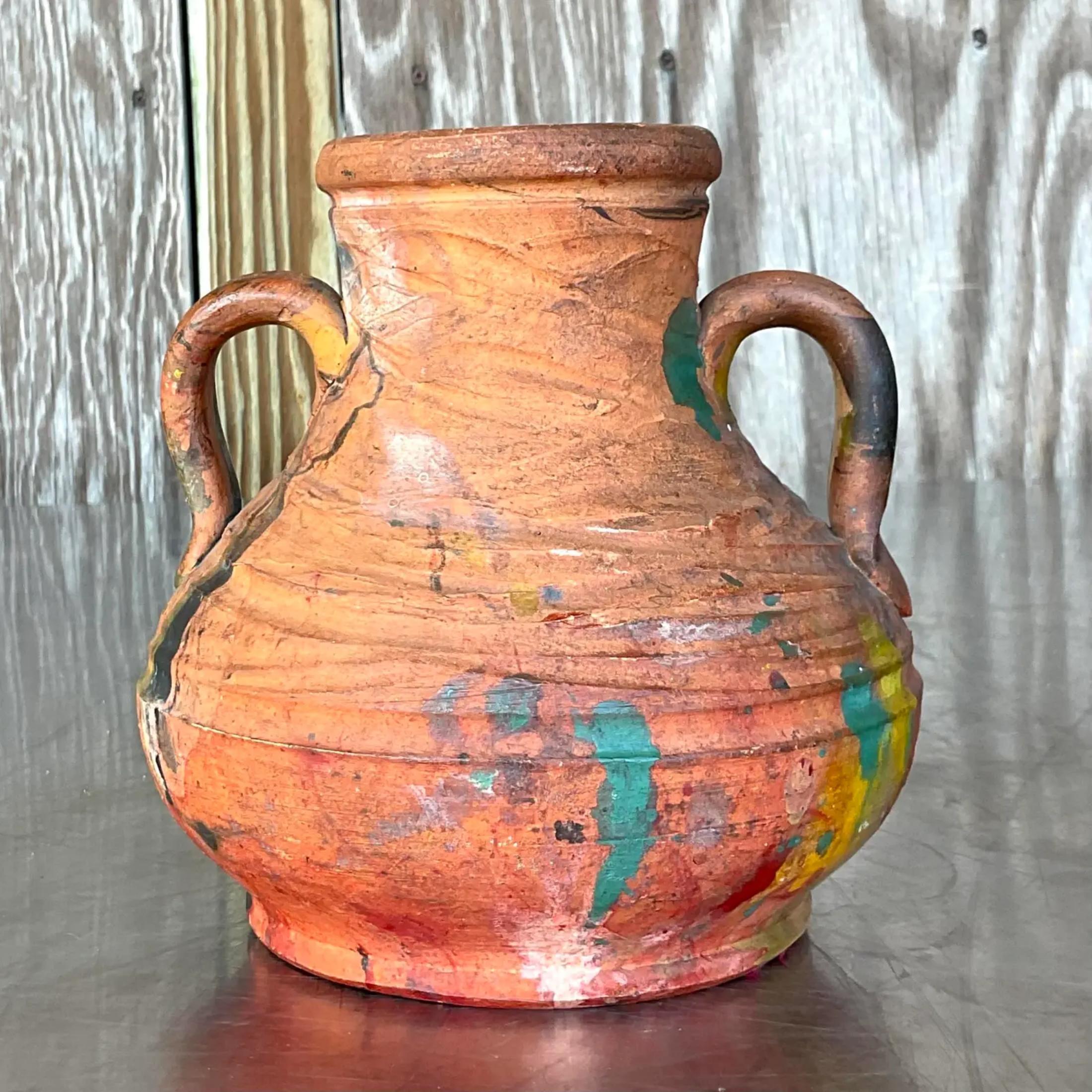 20th Century Vintage Boho Hand Painted Pottery Vase For Sale