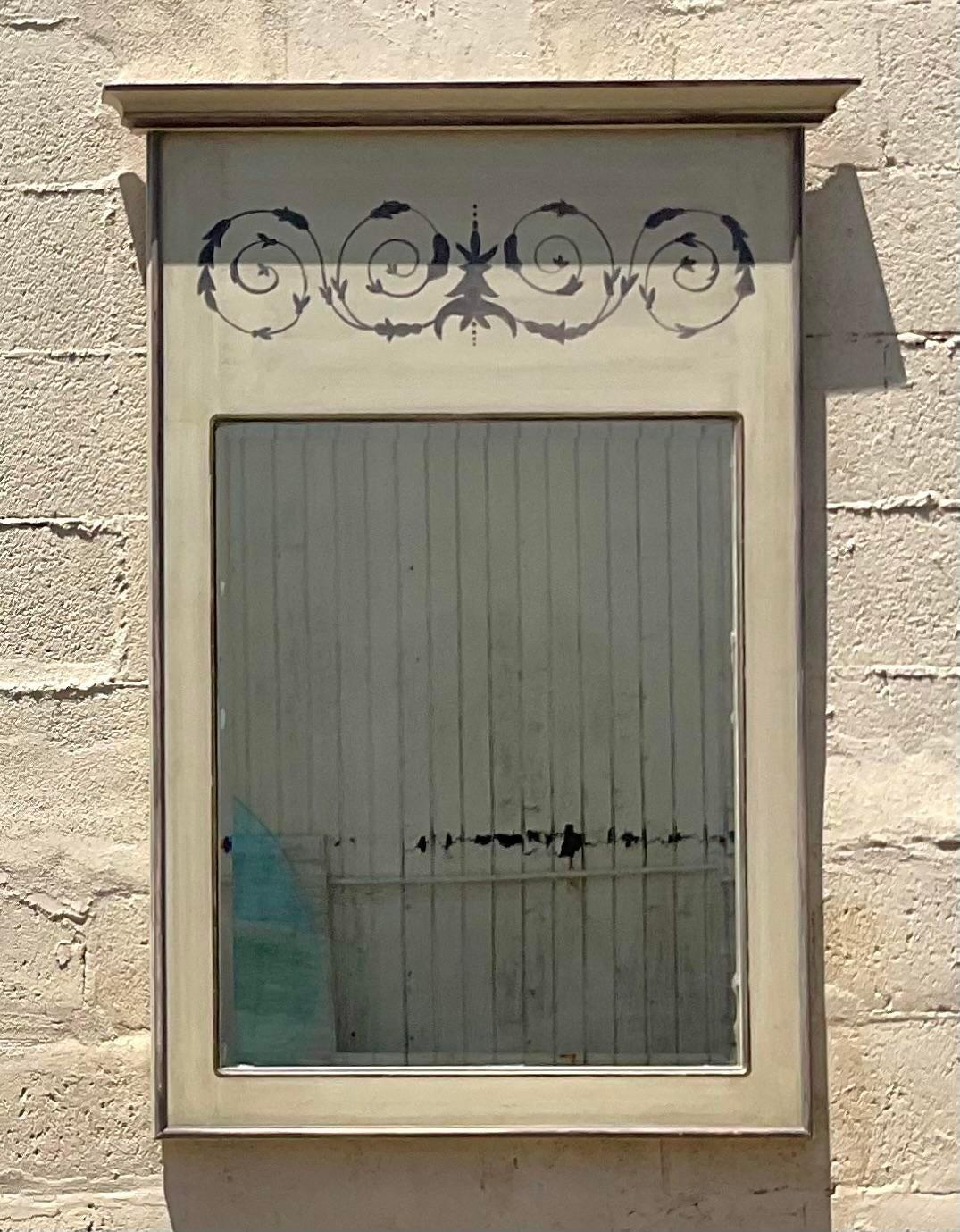 Vintage Boho Hand Painted Provençal Mirror In Good Condition For Sale In west palm beach, FL