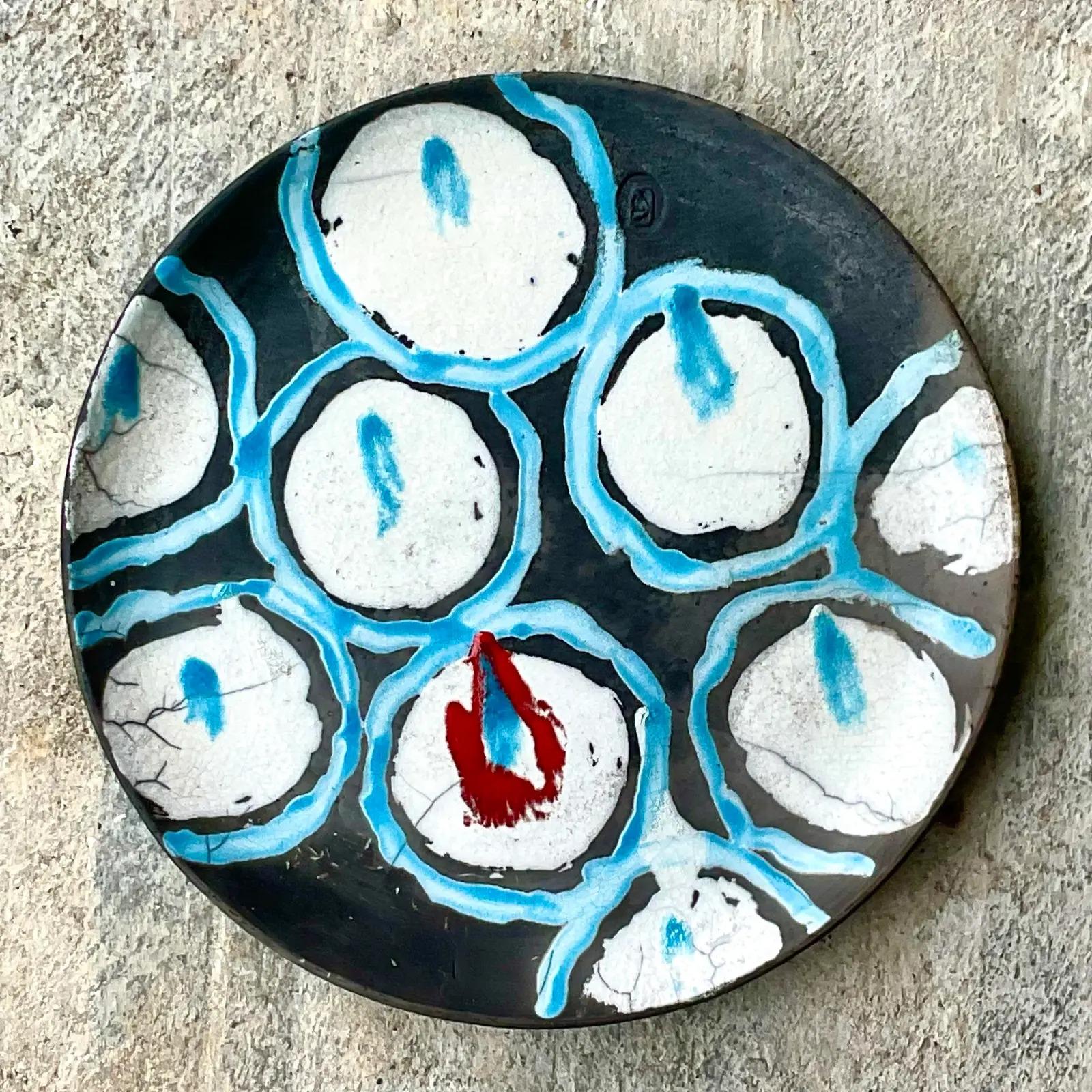 Contemporary Vintage Boho Hand Painted Signed Studio Pottery Charger For Sale