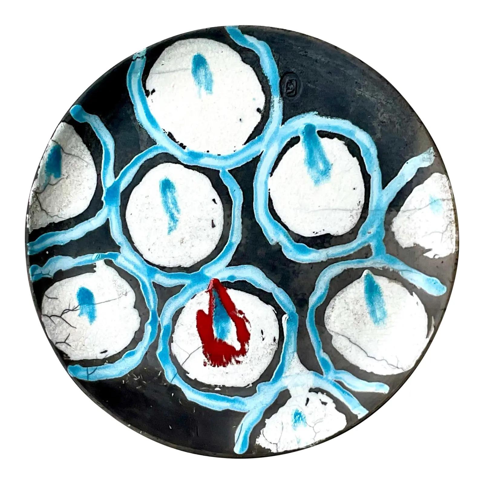 Vintage Boho Hand Painted Signed Studio Pottery Charger For Sale