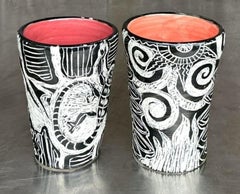 Vasi figurativi Studio Pottery dipinti a mano vintage Boho - Set di 2