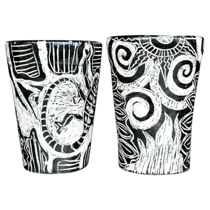 Vintage Boho Hand Painted Studio Pottery Figurative Vases - Set of 2
