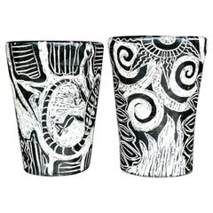 Vintage Boho Hand Painted Studio Pottery Figurative Vases - Set of 2