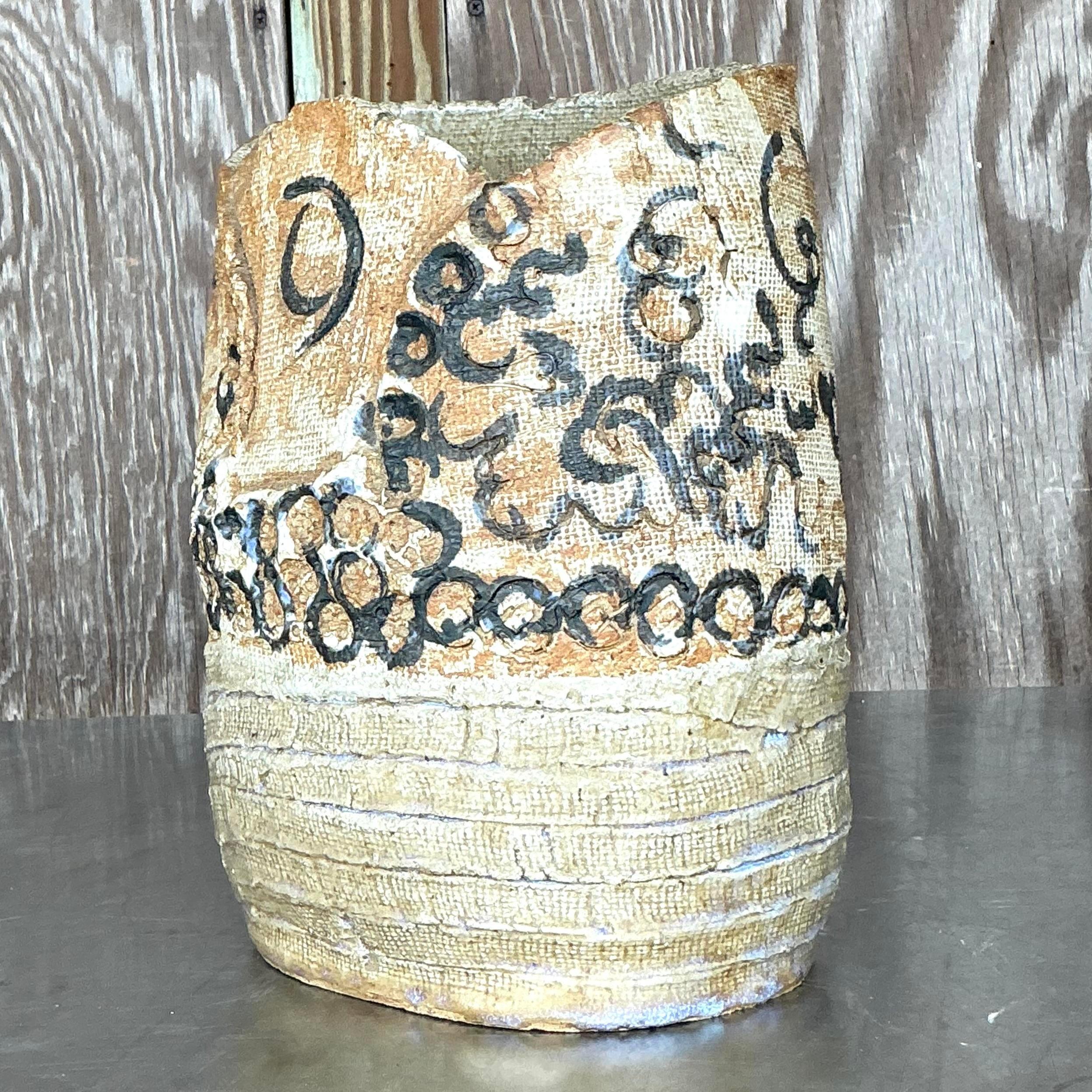 Vintage Boho Hand Painted Studio Pottery Vase For Sale at 1stDibs