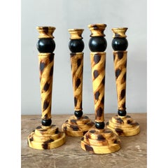 Vintage Boho Hand Painted Tortoise Wooden Candlesticks. - Set of 2